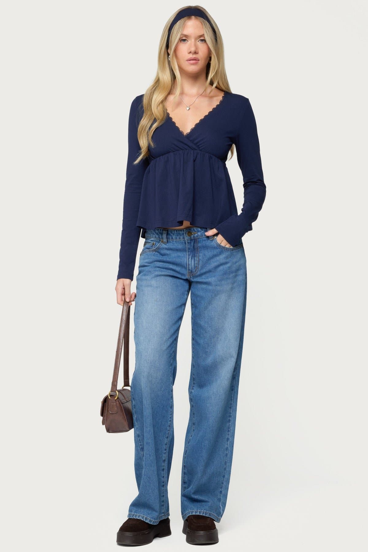 Kenzie Long Sleeve Babydoll Top V-Neck Cotton Spandex Scalloped Trim