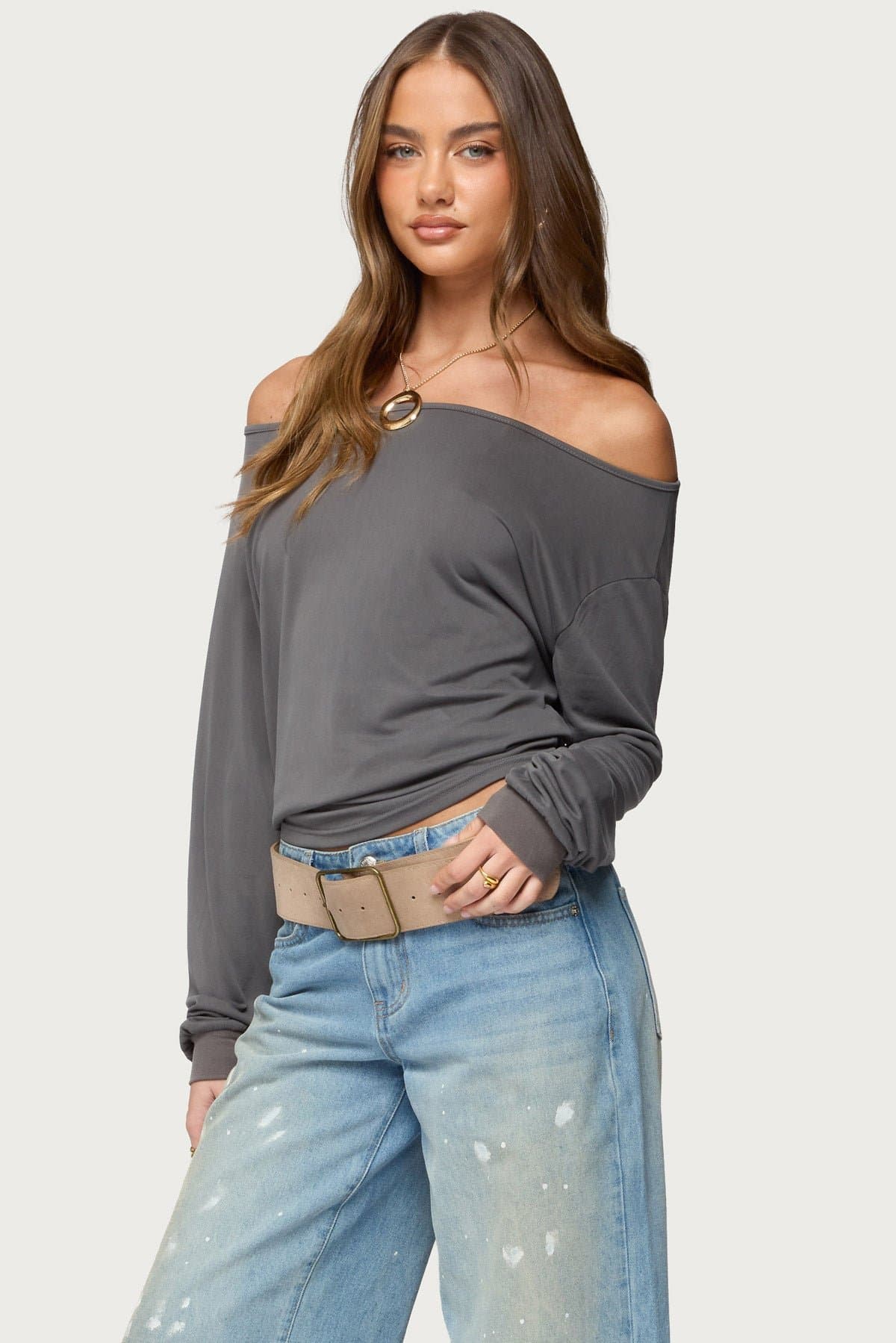 Nannie Off Shoulder Oversized Long Sleeve Top - Rayon Nylon Spandex