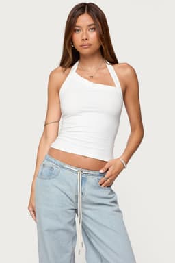 Kylan Asymmetric Halter Top in Cotton Spandex with Neck Tie Closure