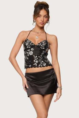 Nelley Backless Beaded Sequin Chiffon Top - Open Back Neck & Back Tie Closures