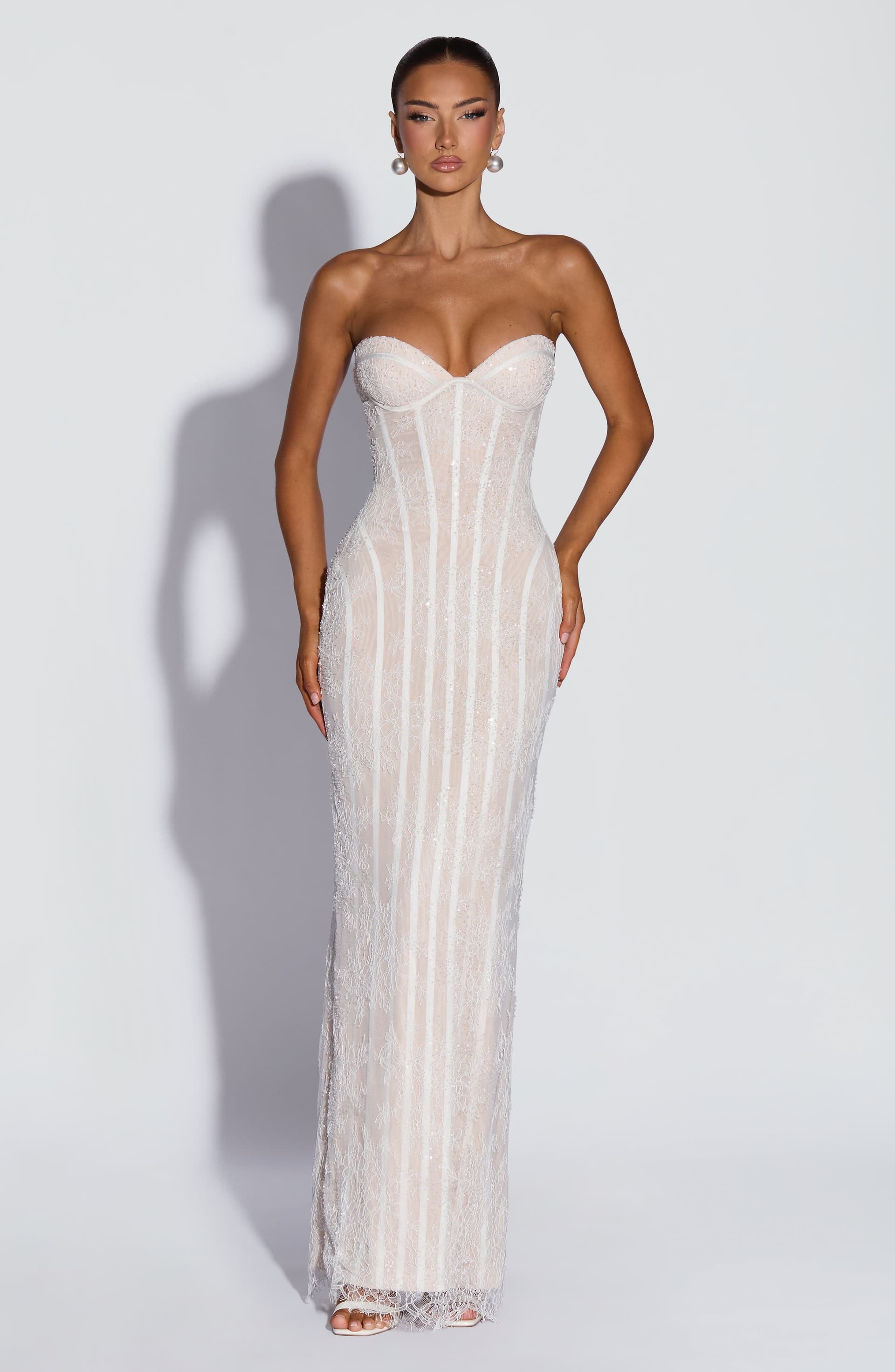 Sian Maxi Dress in Ivory with Floral Lace and Bead Embellishment