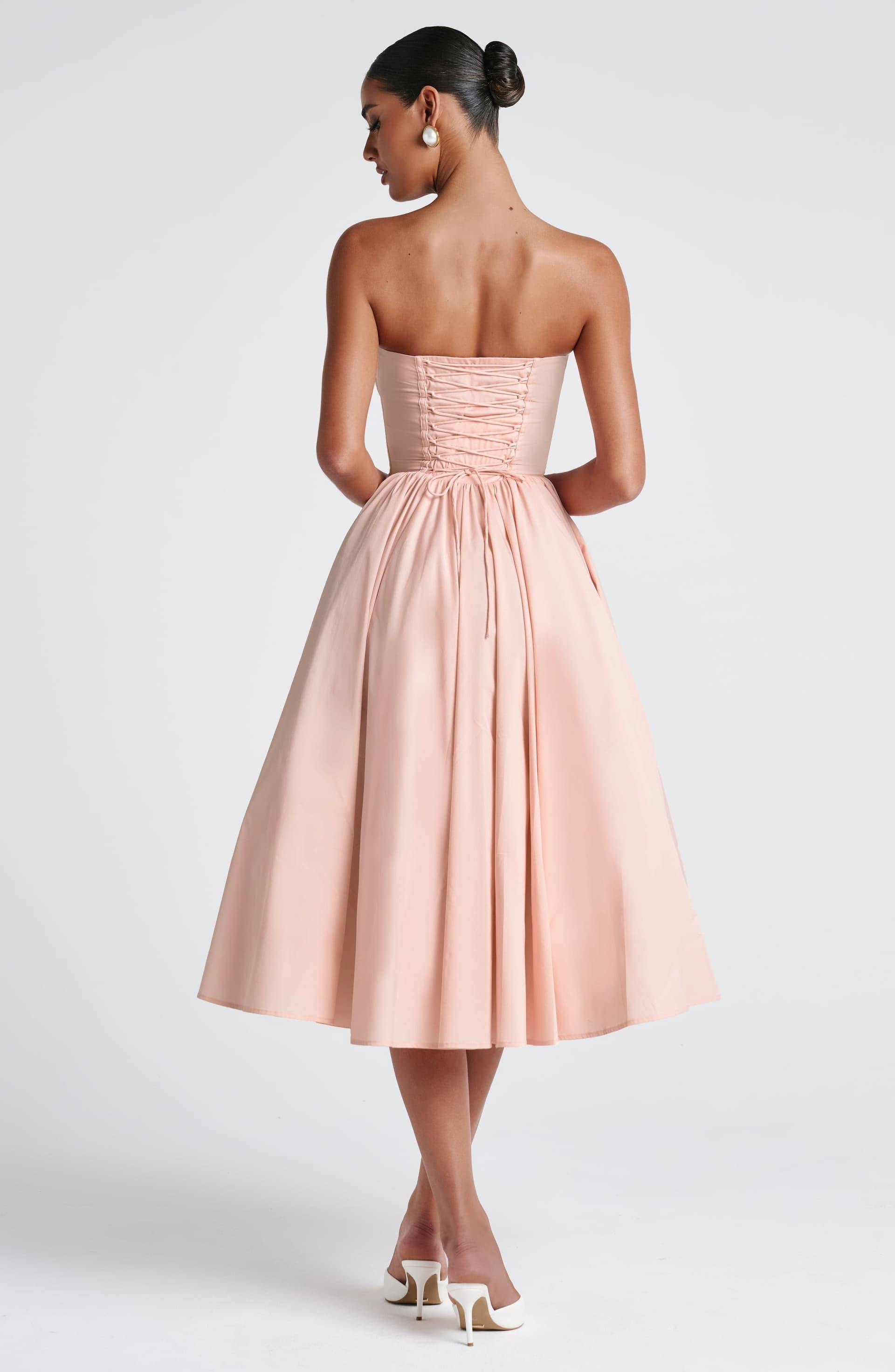 Prim Midi Dress Soft Peach Strapless Sweetheart Lace-Up Back