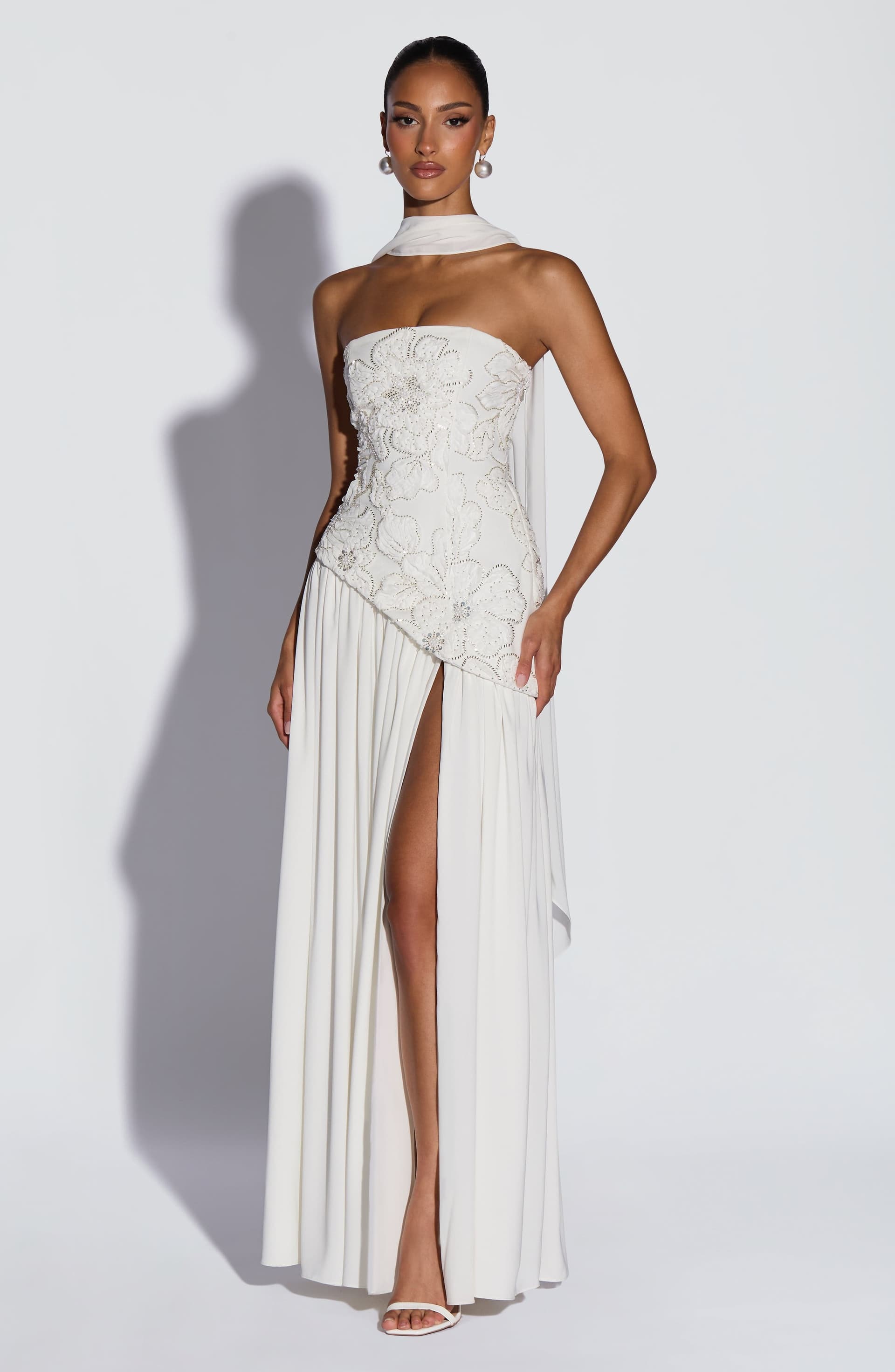 Anneliese Maxi Dress in Ivory Crepe Bodice Chiffon Skirt with Embellishments