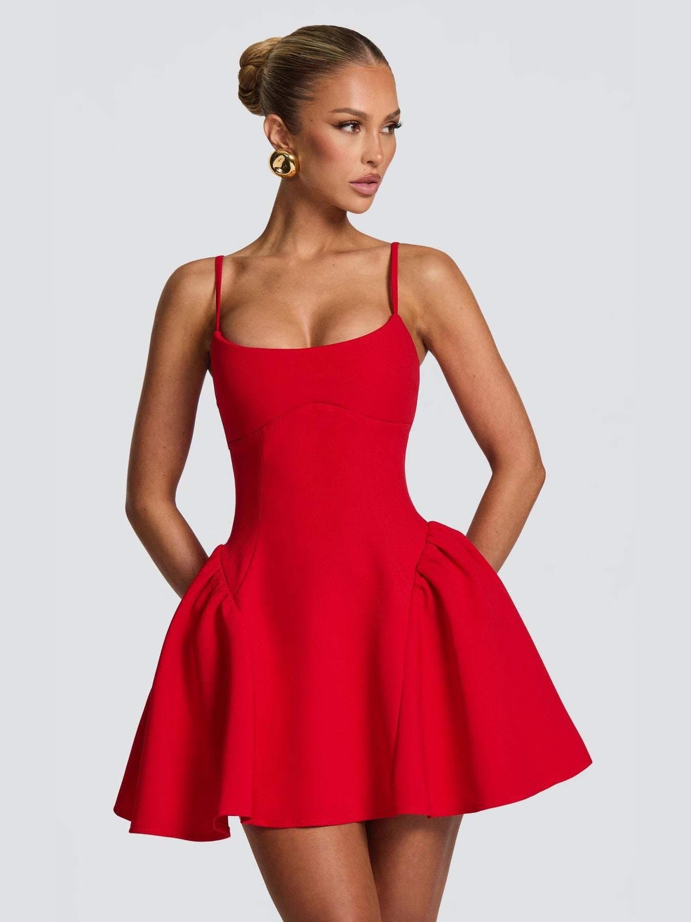 Red Mini Dress – Spaghetti Strap Fit & Flare Puff Skirt Babydoll Party Dress