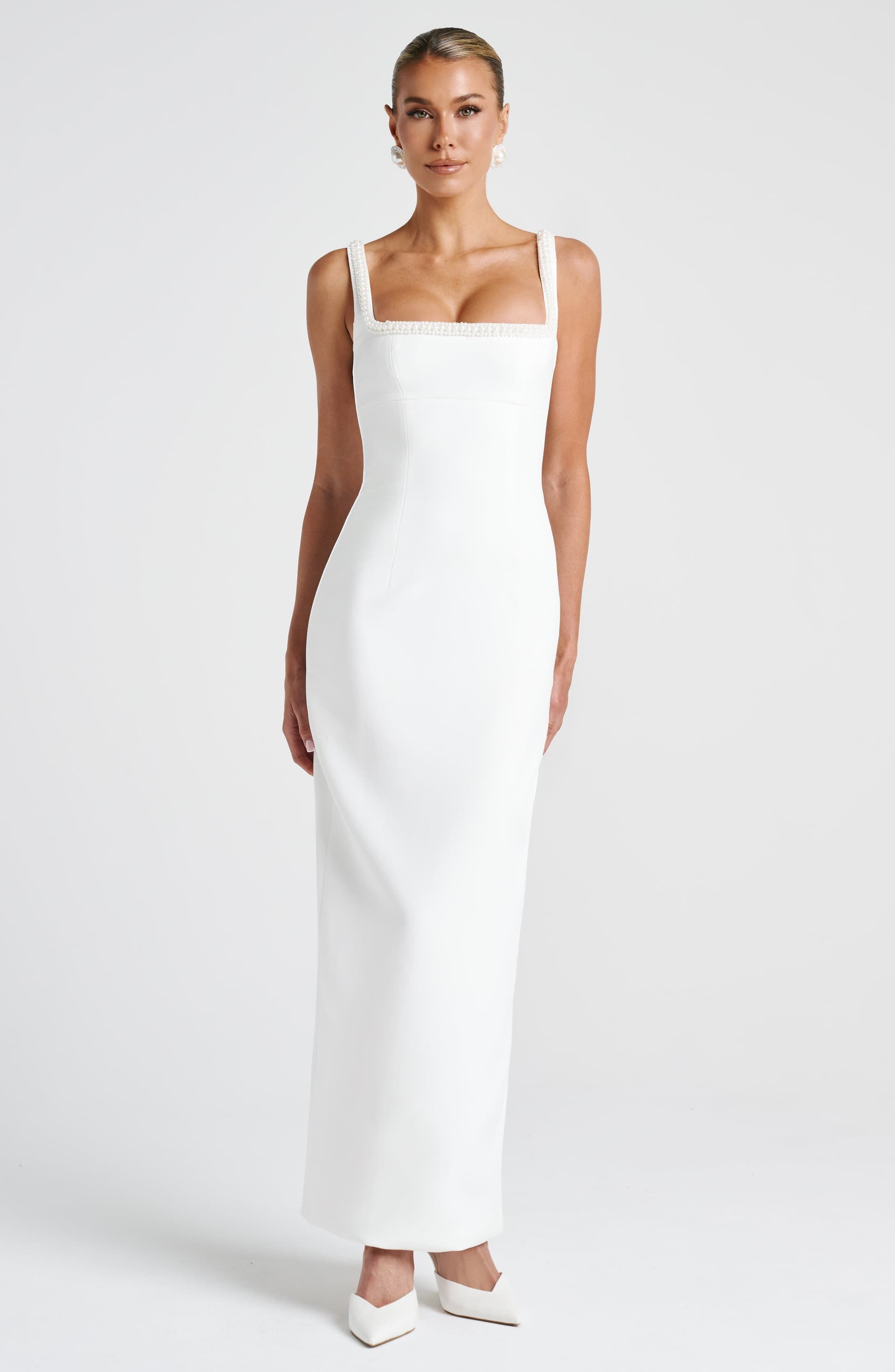 Ines Midaxi Dress in Ivory - Crepe Pencil Skirt Pearl Trim