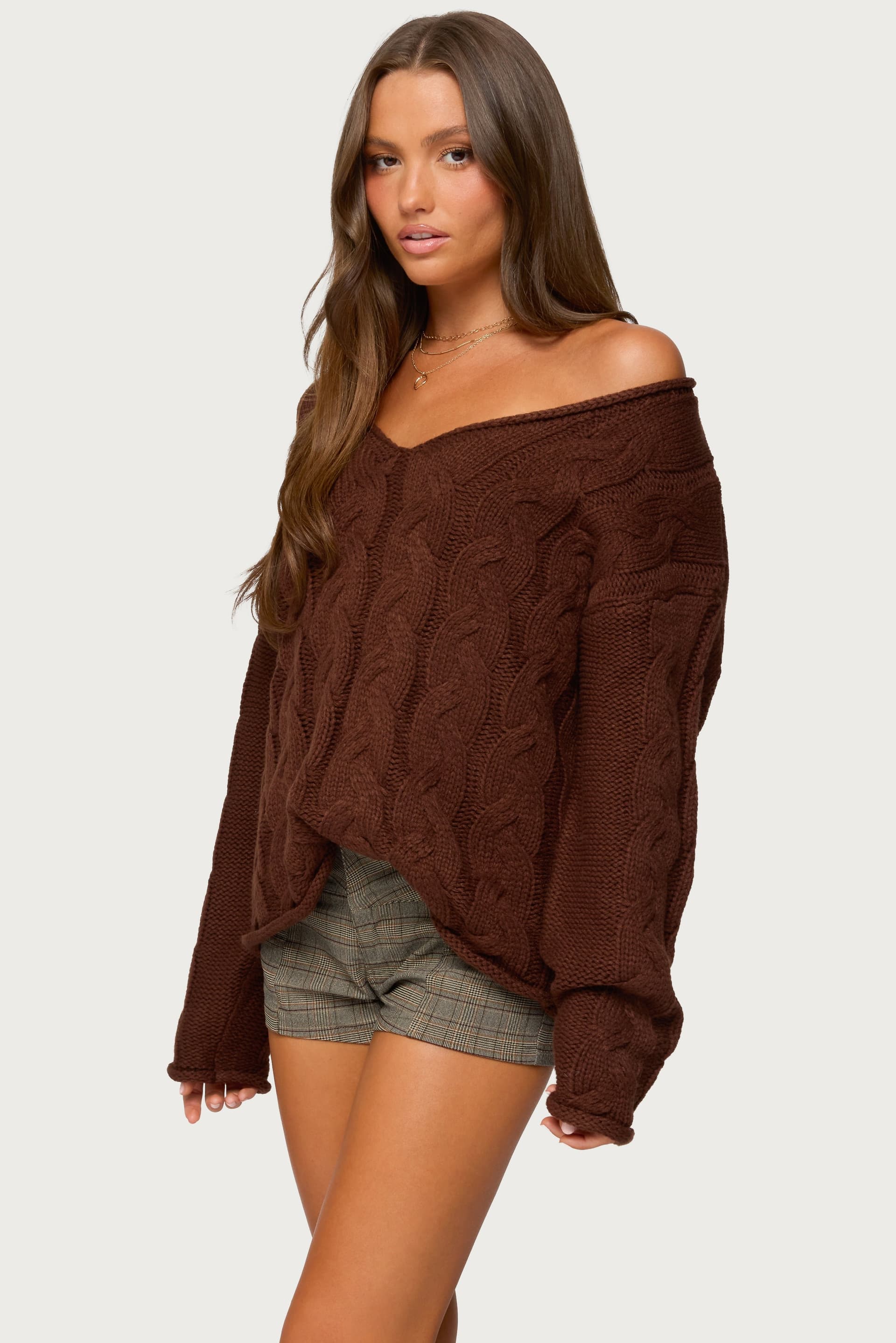 Inga Oversized Cable Knit Sweater - Acrylic Deep V Neck