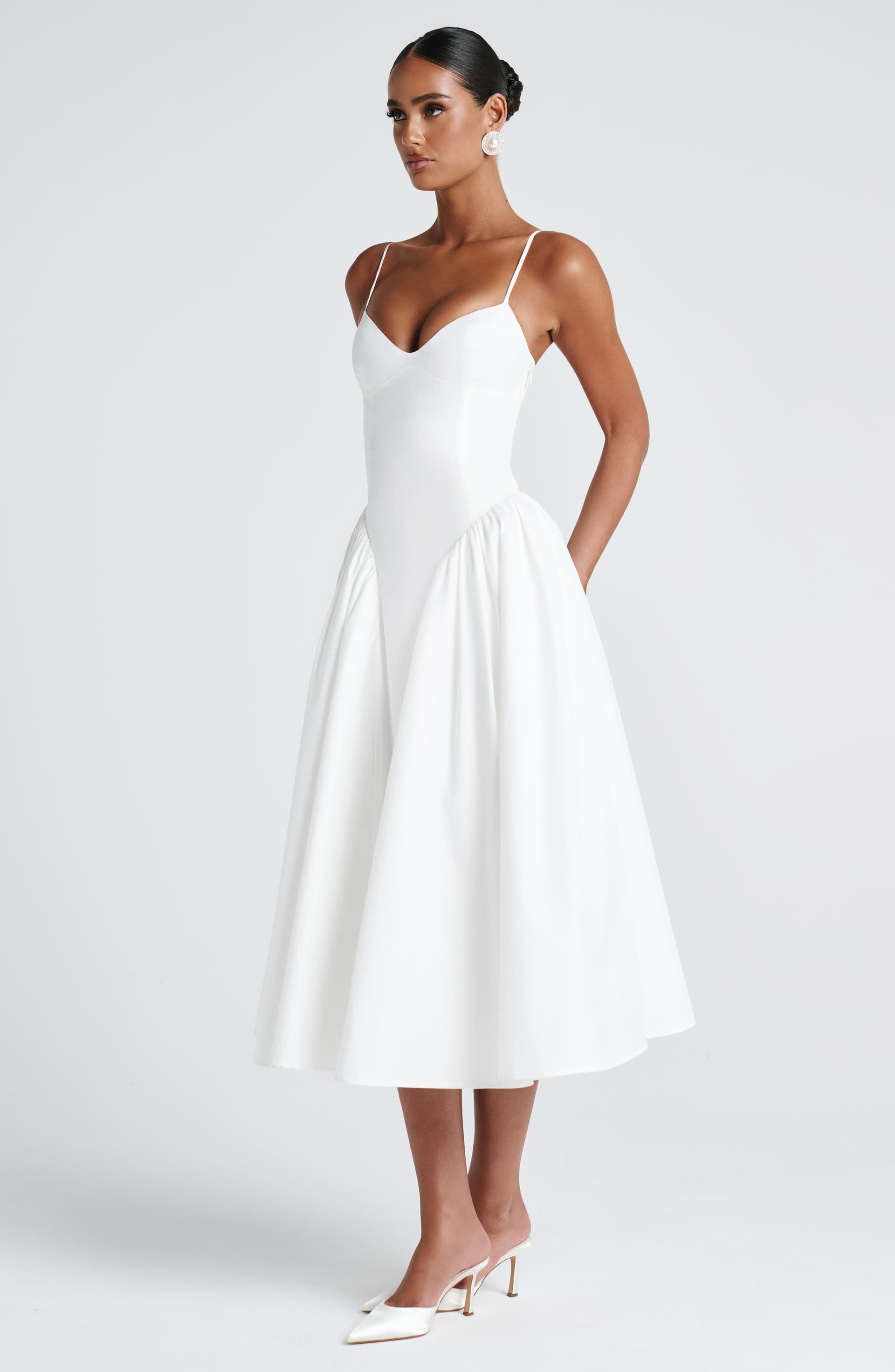 Emerson Midi Dress in Ivory - Sweetheart Neckline Lace-Up Back Dropped Waist