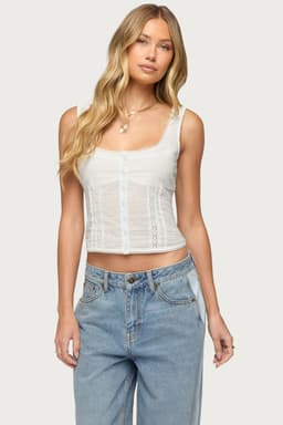Embroidered Cotton Button Up Tank Top - Square Neckline, Smocked Back, Lace Trim