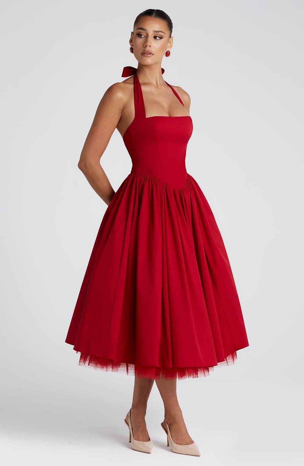 Cressida Midi Dress - Red Cotton Nylon Elastane Voile Square Halter Neckline