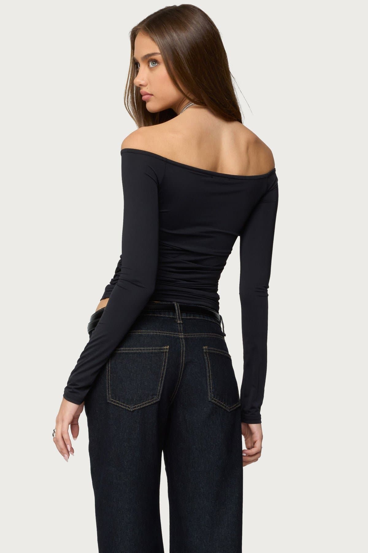 Halle Curved U Off Shoulder Long Sleeve Top - Polyester Spandex Ruched Bead Detail