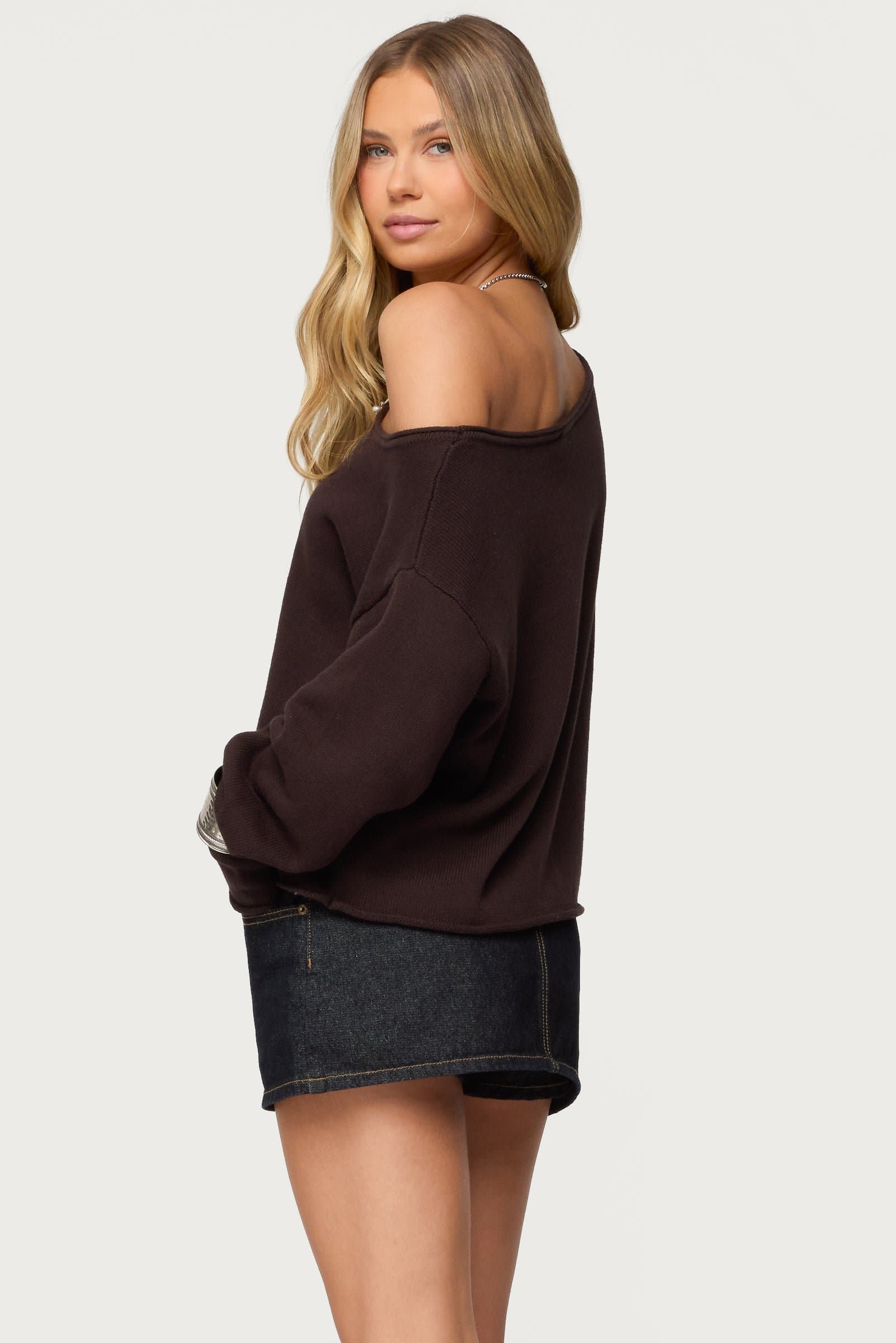 Moyra Off Shoulder Long Sleeve Knit Top - 100% Cotton Split Hem