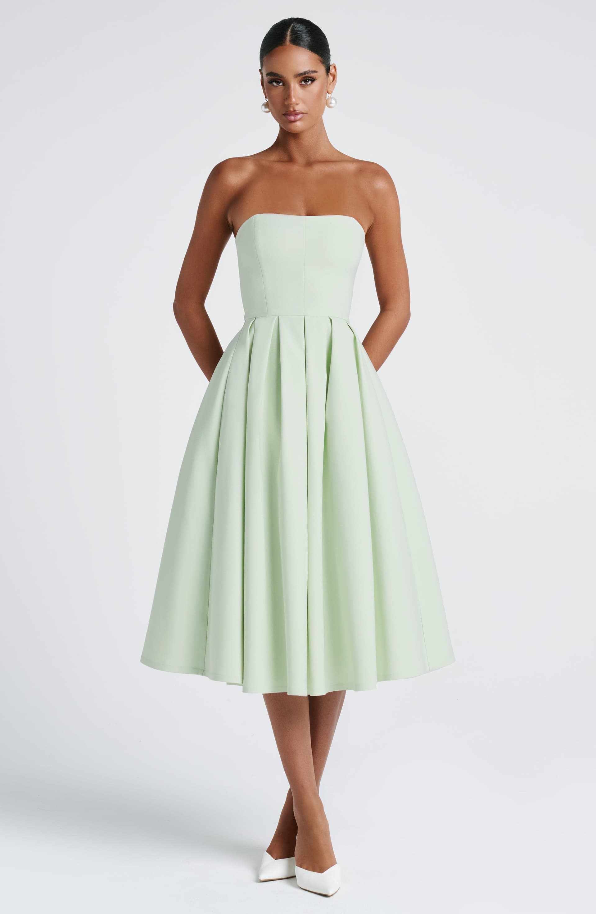 Edith Midi Dress - Mint Strapless Pleated Stretch Bengaline