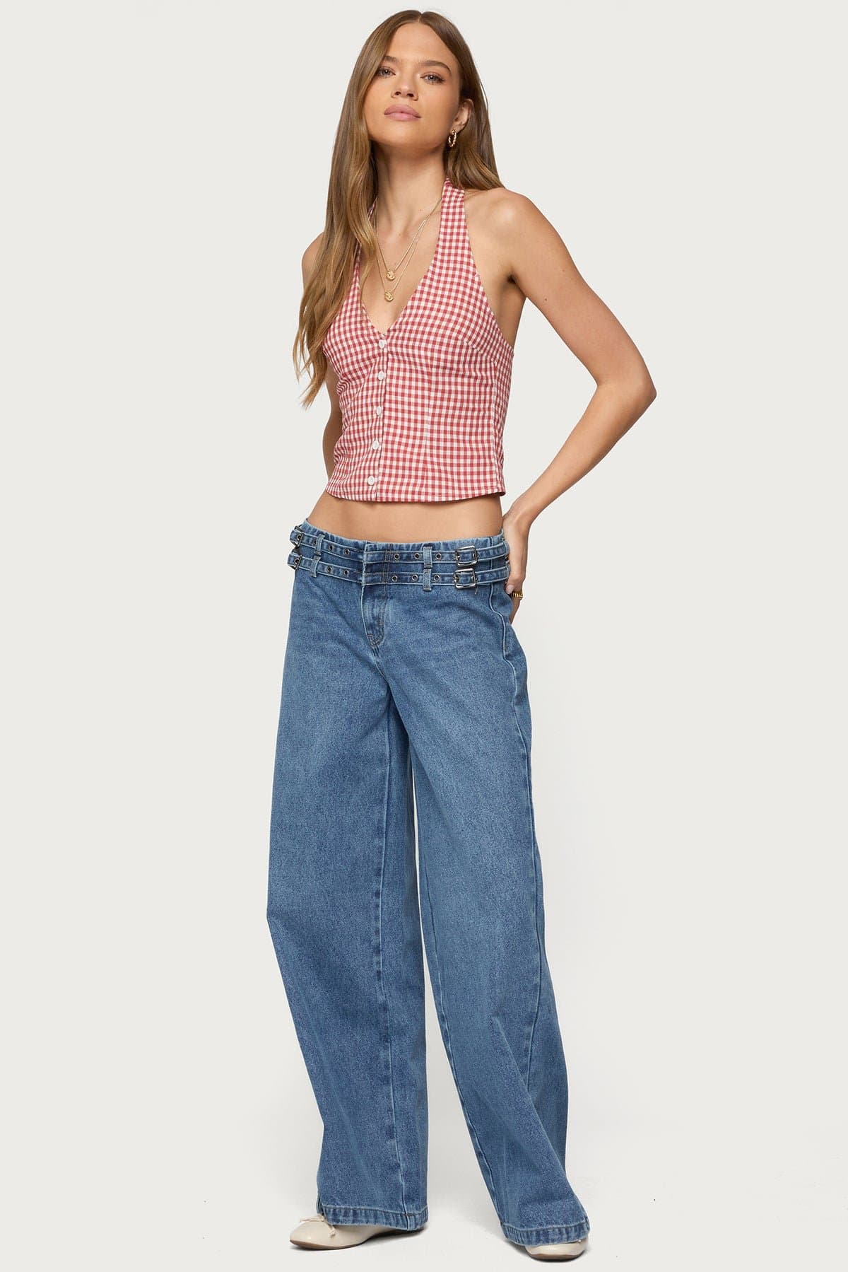 Livia Double Belt Low Rise Baggy Jeans - 100% Cotton Rigid Denim