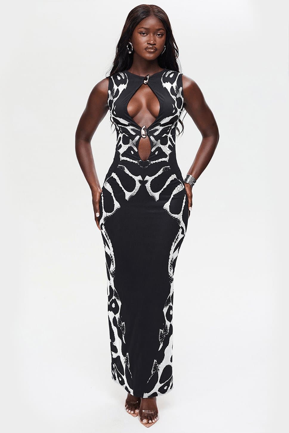 RAINE Snake Print Maxi Dress Bodycon Silhouette Silver Hardware Keyhole