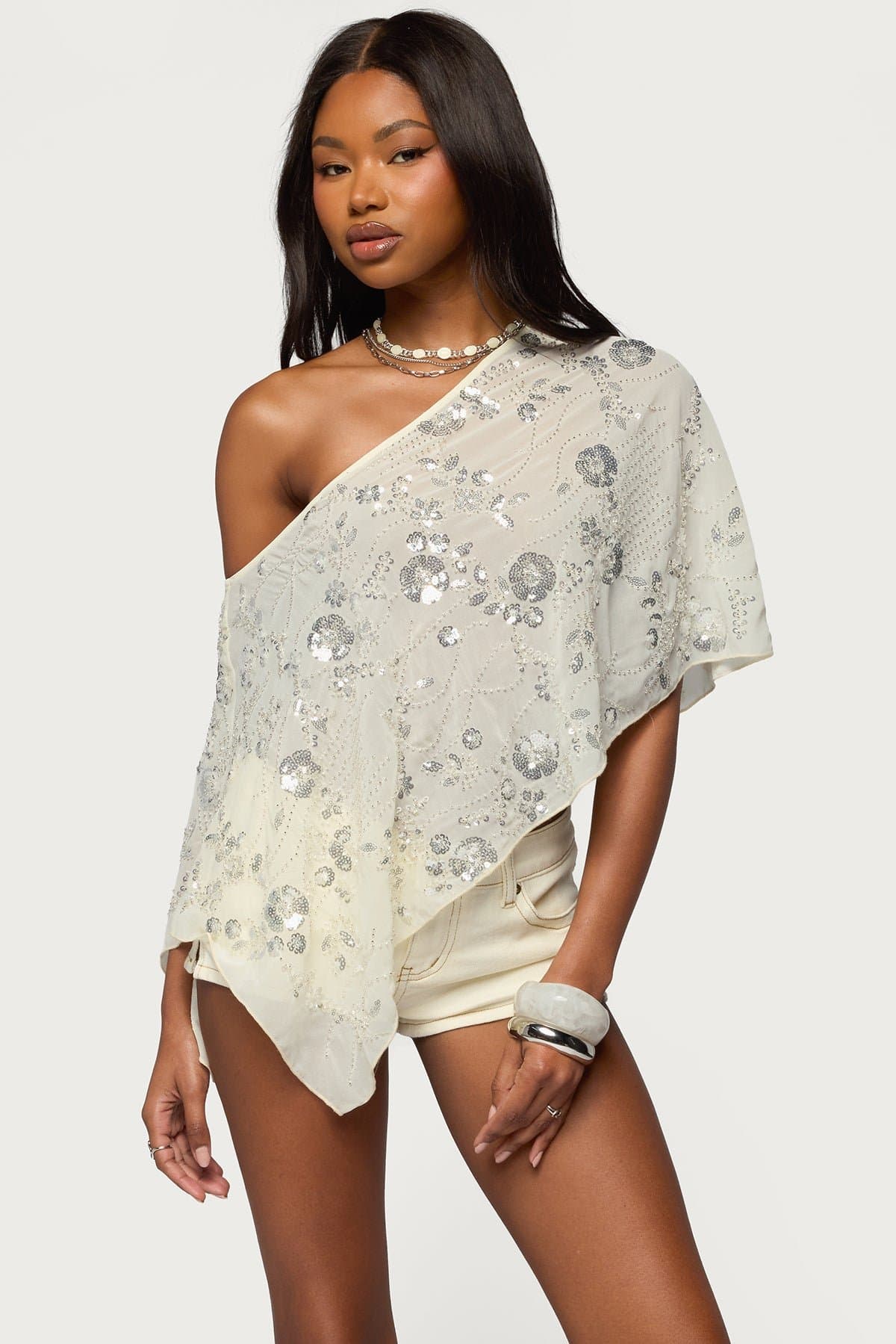 Triana Bead & Sequin Chiffon Poncho - Off Shoulder Asymmetric Hem Sheer Polyester