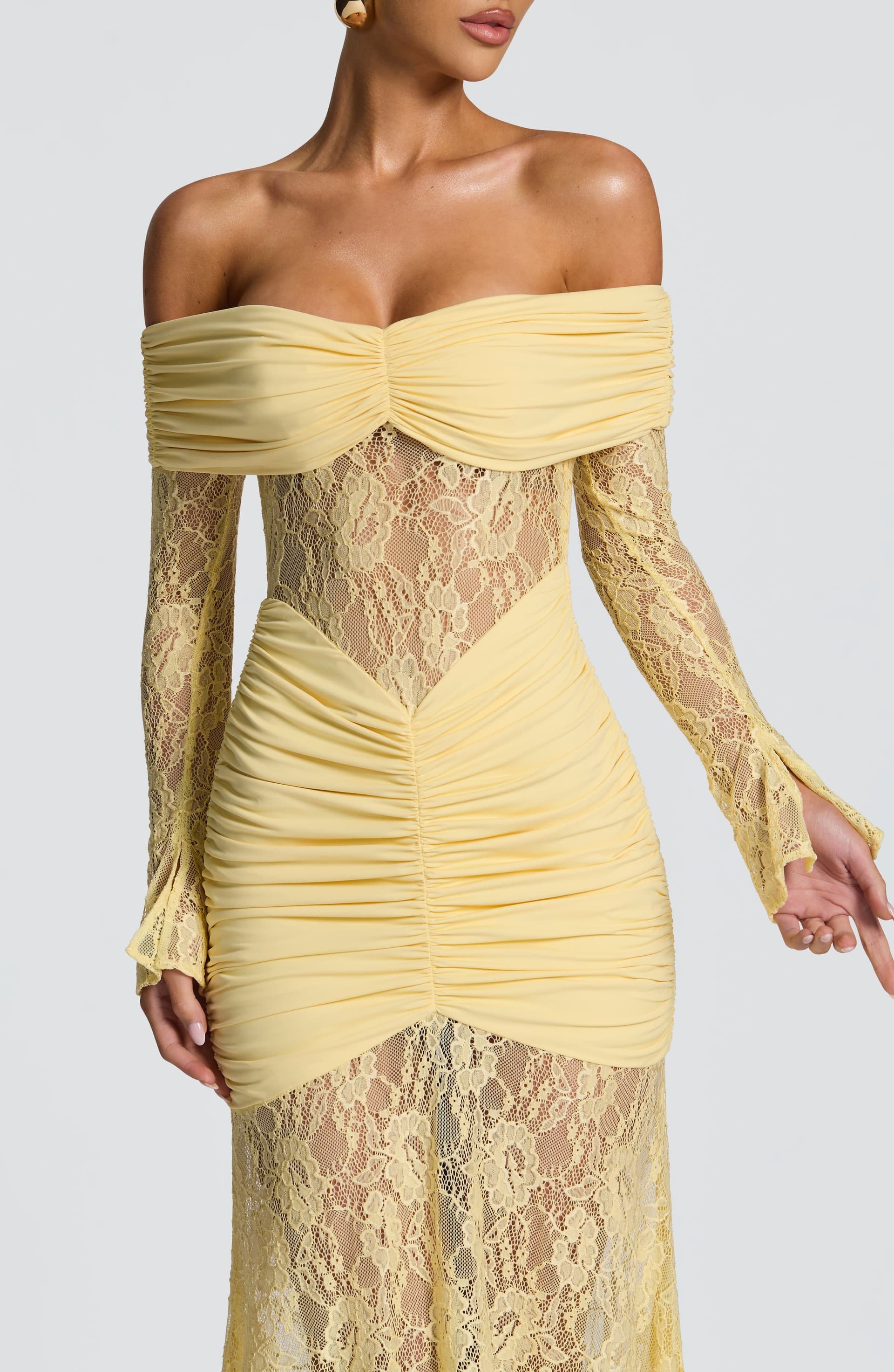 Sauline Maxi Dress in Lemon - Stretch Jersey Floral Lace Long Sleeve