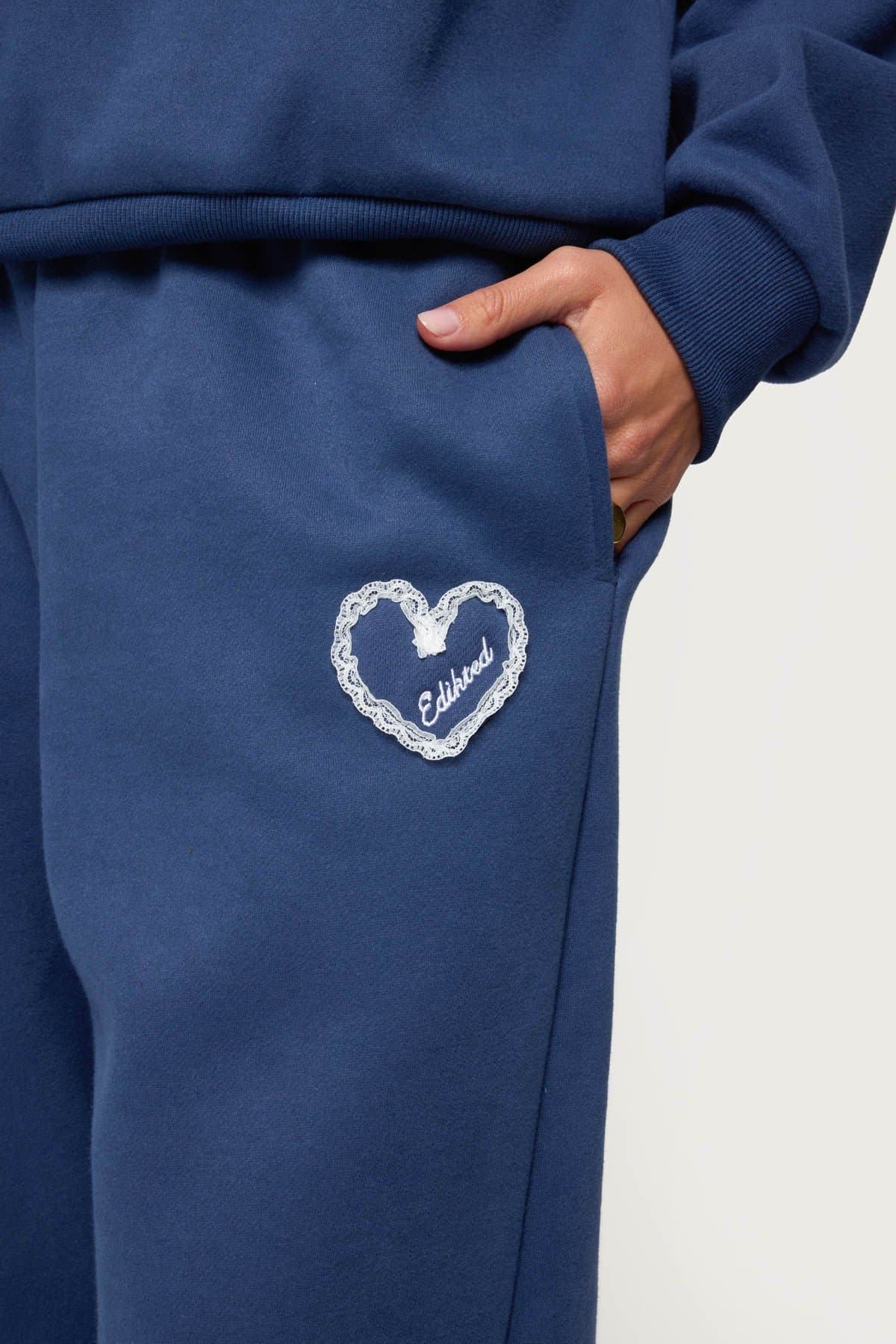 Love Edikted Wide Leg Sweatpants with Lace Heart Patch