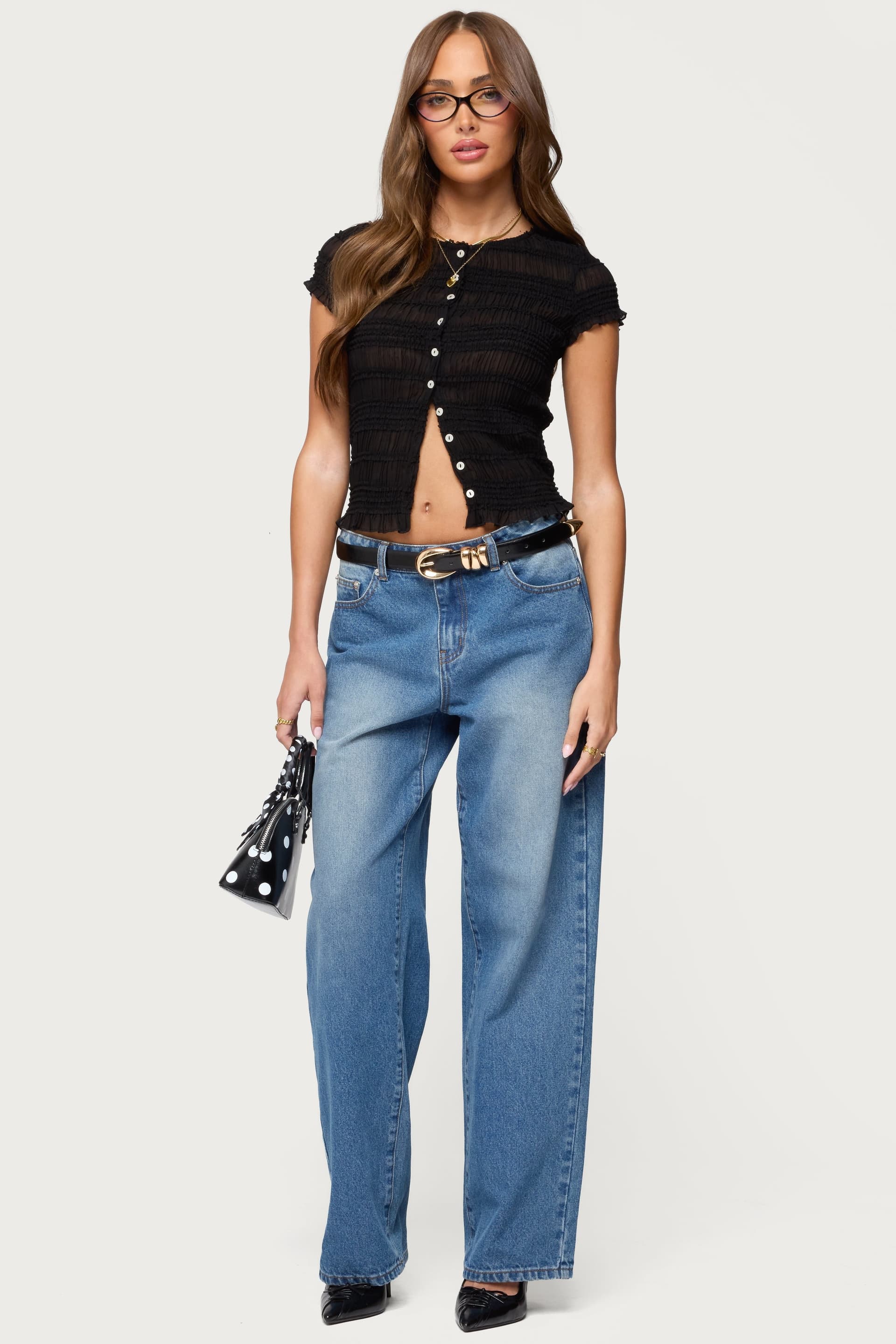 Filipa Sheer Chiffon Scrunch Top with Ruffle Detailing and Front Buttons