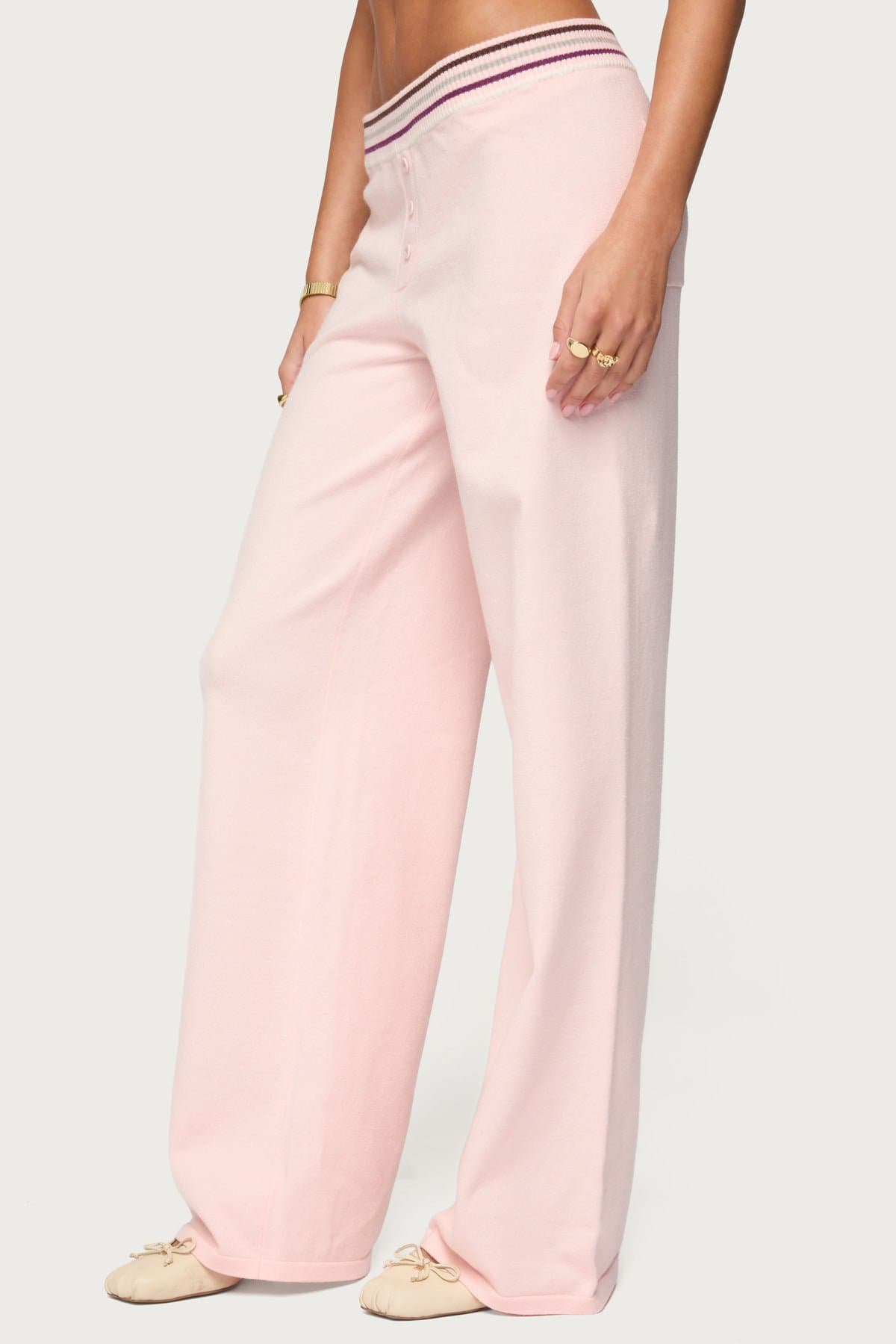 Miya Stripey Knit Pants - Striped Waistband, Button Detail, Rayon Polyester Nylon