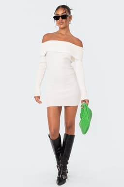 Emma Foldover Knitted Mini Dress - Off Shoulder Long Sleeve Polyester Rayon