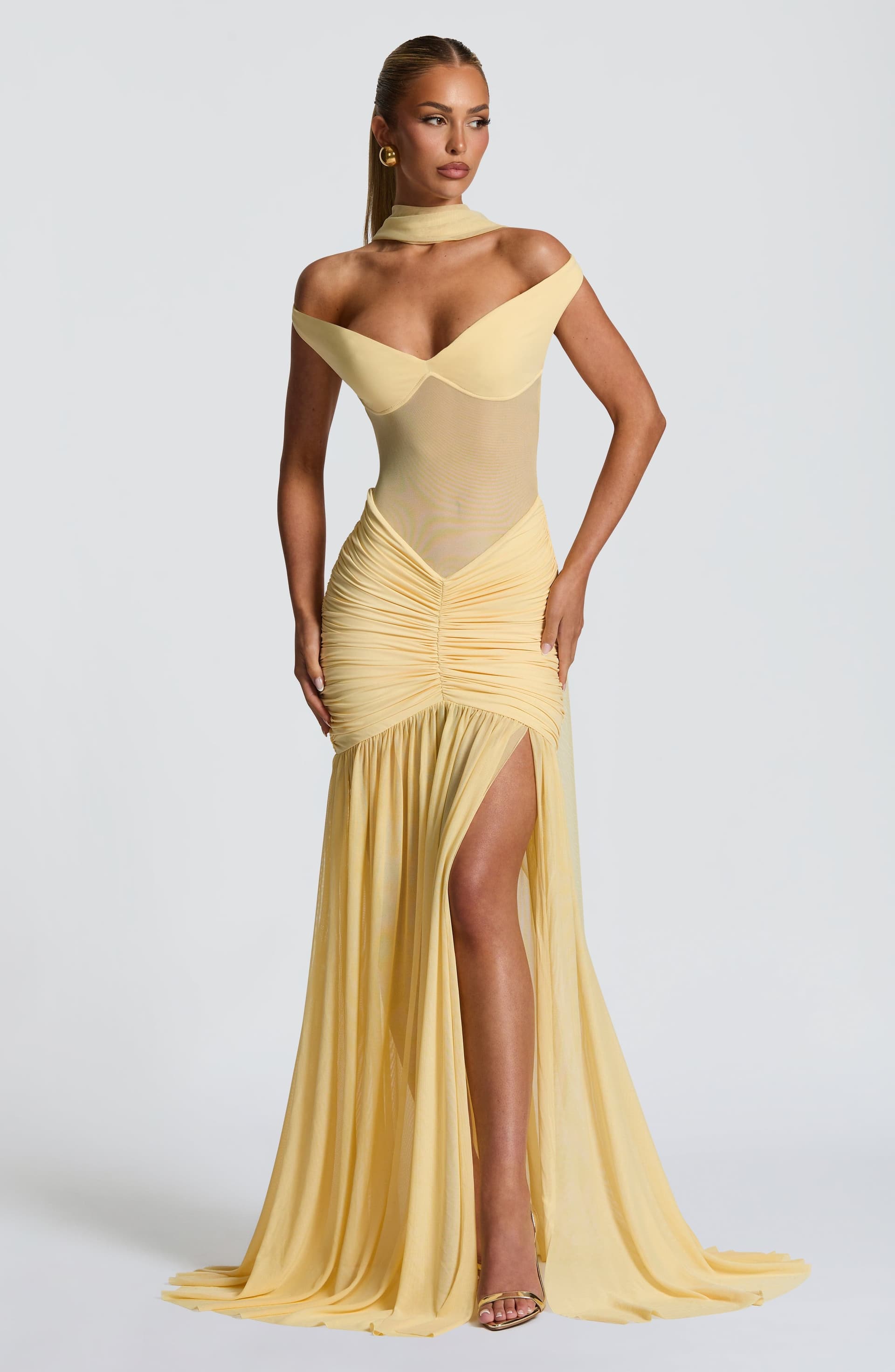 Alaia Maxi Dress in Lemon - Sheer Mesh Bodice, Bardot Neckline, Thigh-High Split