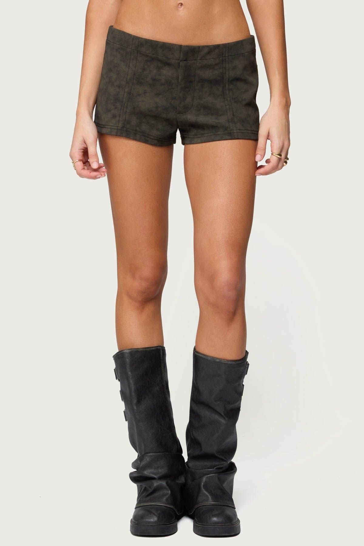 Taia Distressed Faux Leather Micro Shorts - Polyester Polyurethane