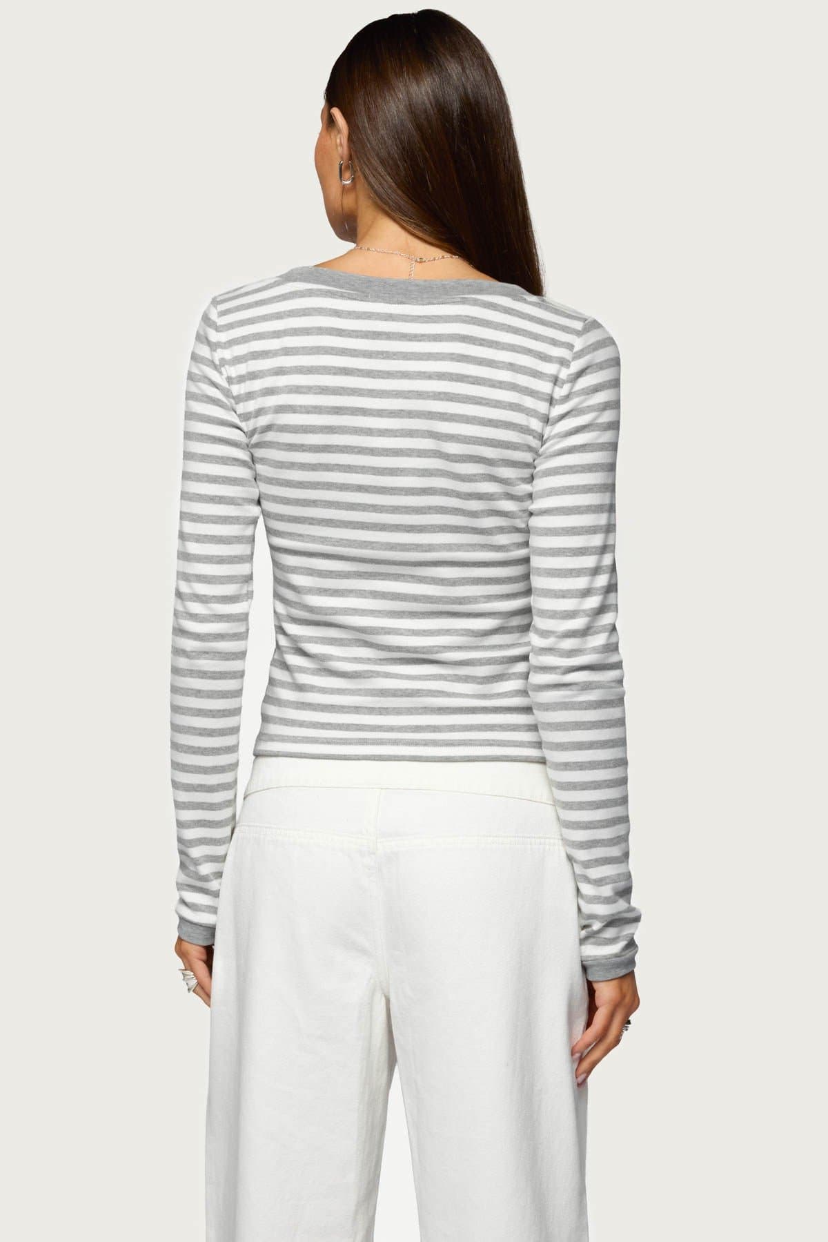 Kimi Striped Long Sleeve V Neck Top - Cotton Spandex