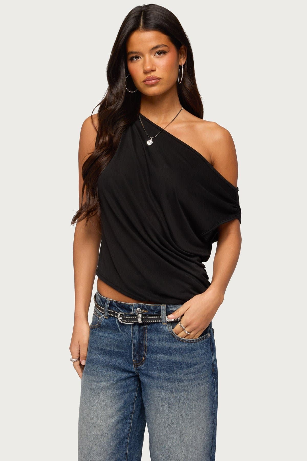 Ofelia Asymmetric Off Shoulder Ruched Top in Rayon Polyester