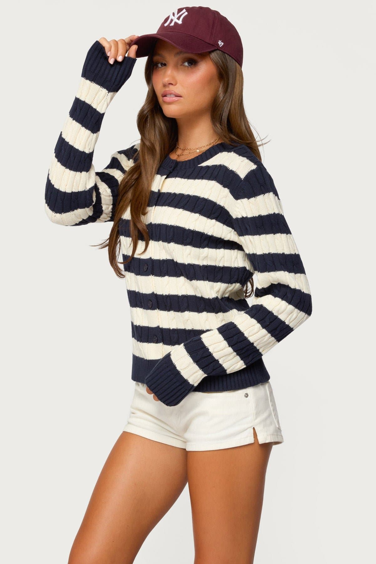Mildred Striped Cable Knit Cardigan - 100% Cotton Button Front Sweater
