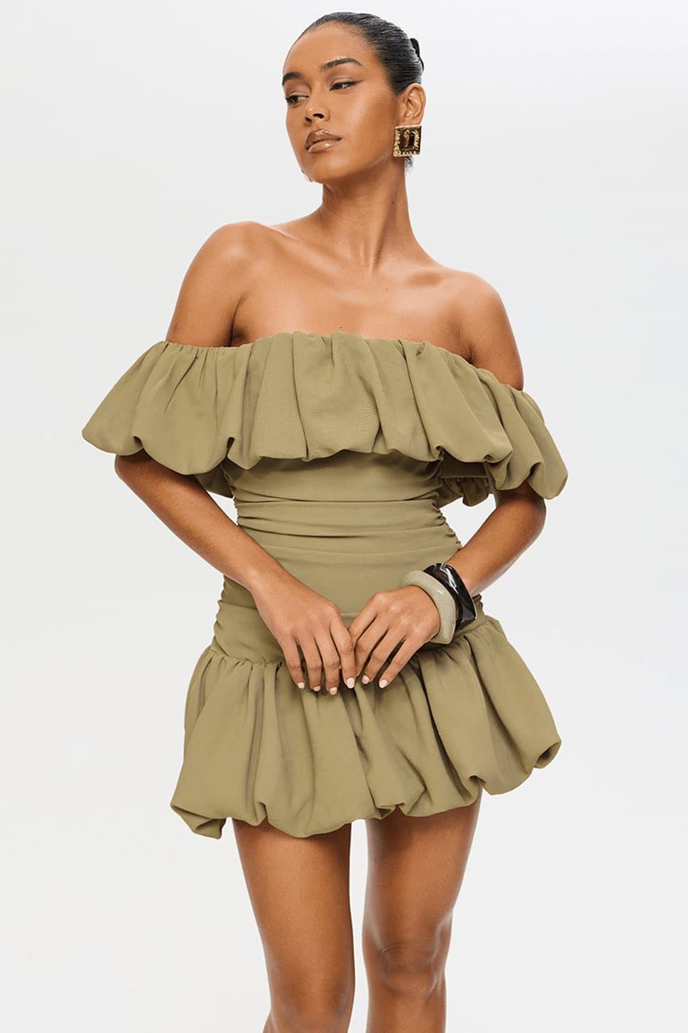 SAGE Mini Dress with Lace Up Back, Bubble Bardot Neckline, Ruched Seams UK 6-8