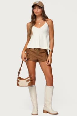 Washed Faux Leather Micro Cargo Shorts - Polyurethane Polyester Women's Size S Inseam 1.8in