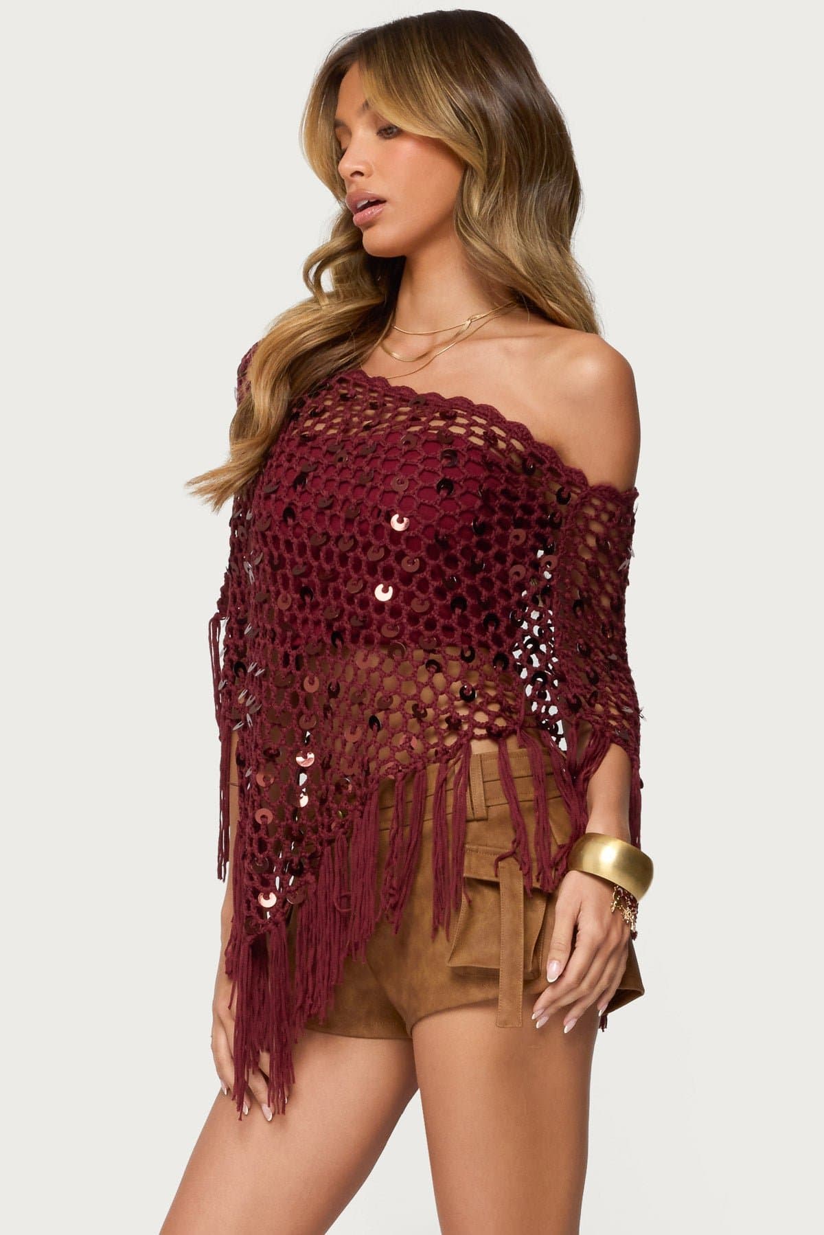Fringe Sequin Crochet Poncho Acrylic Fabric Small Medium Large