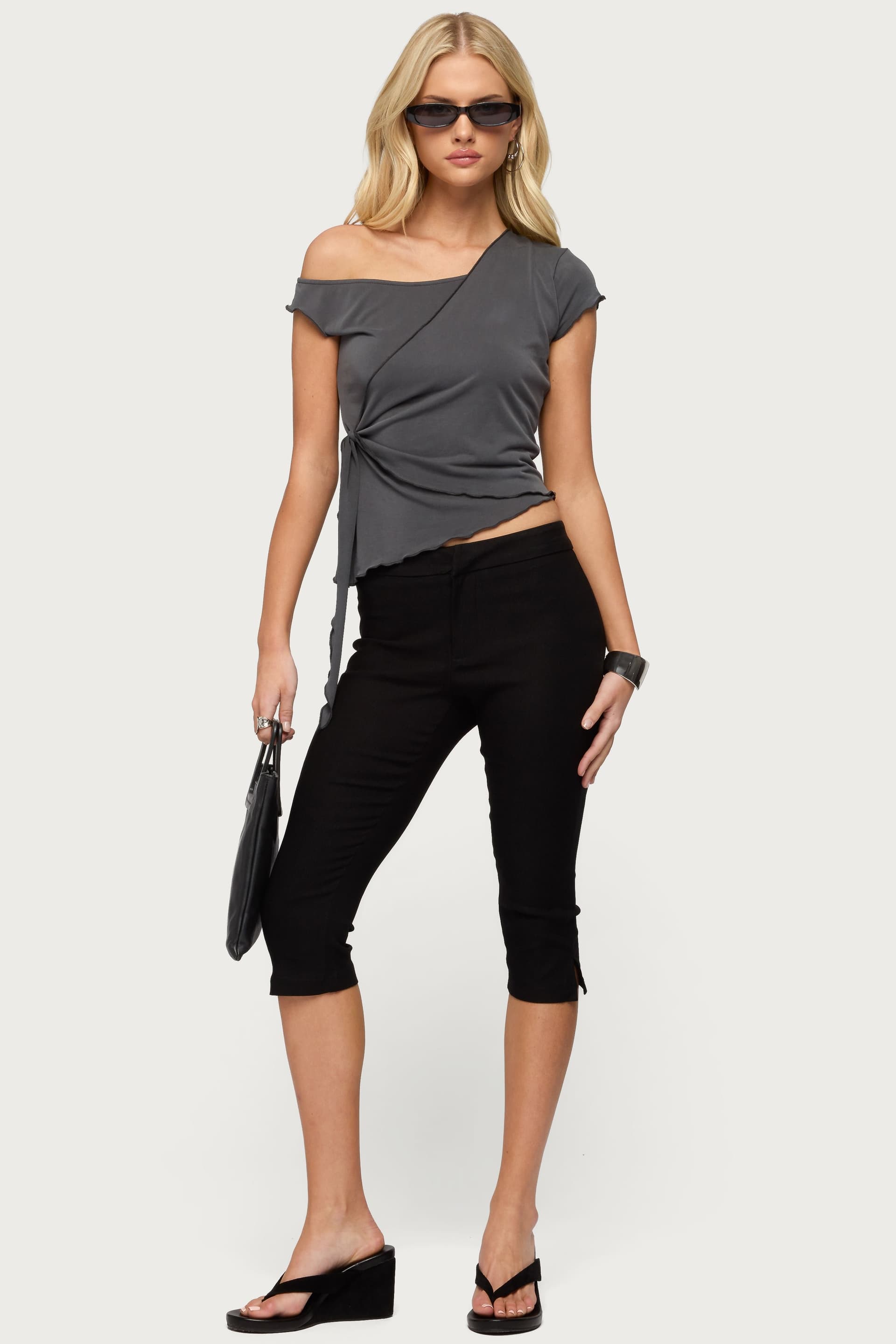 Asymmetric Off Shoulder Wrap Top in Rayon Polyester