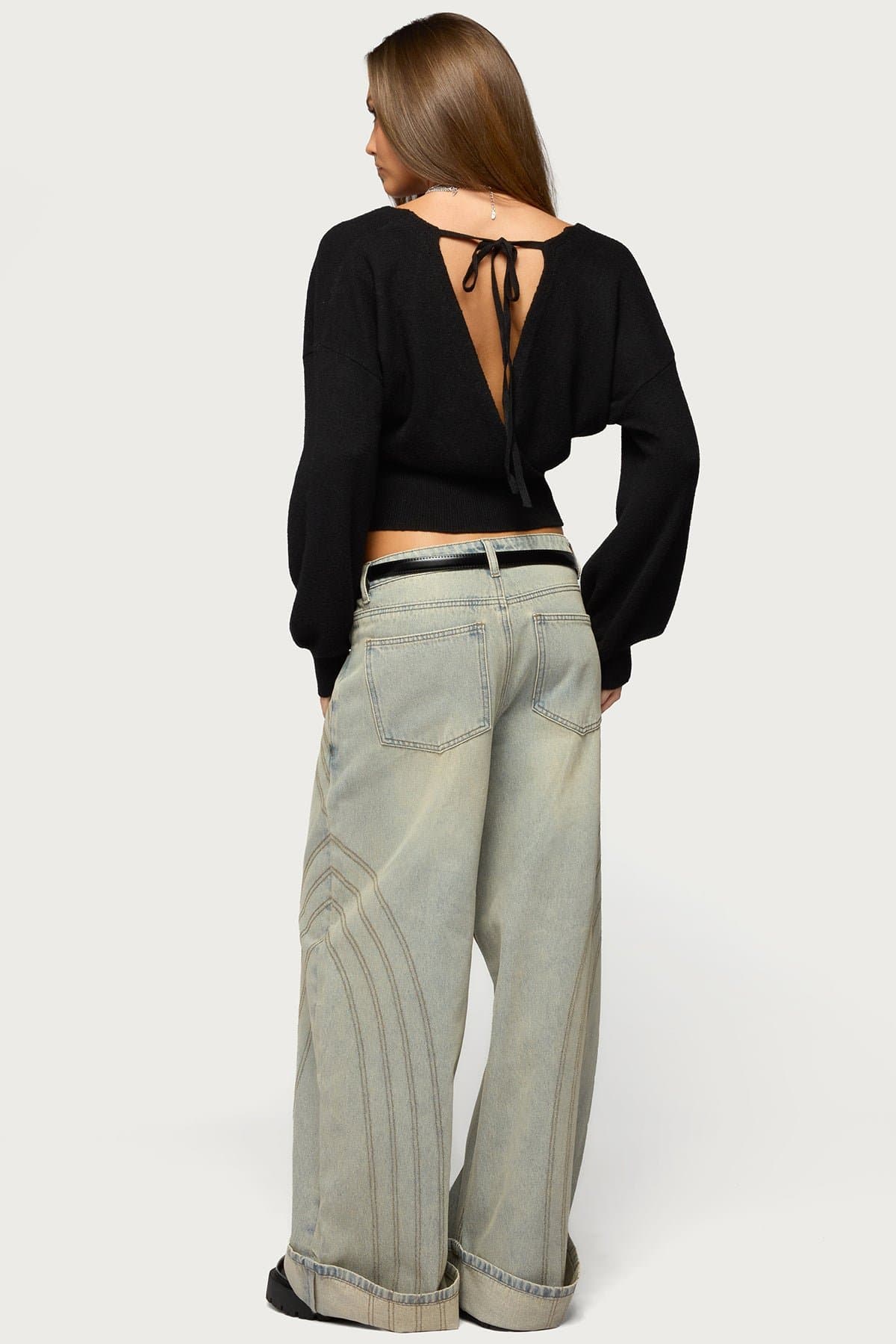 Cuffed Low Rise Baggy Jeans - Rigid 100% Cotton Denim with Stitch Detailing