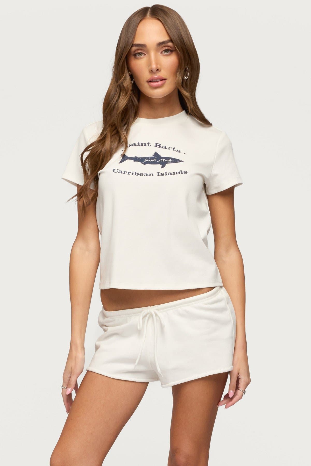 Surf Club T-Shirt with Shark & Saint Barts Print, Cotton Spandex Unisex Tee