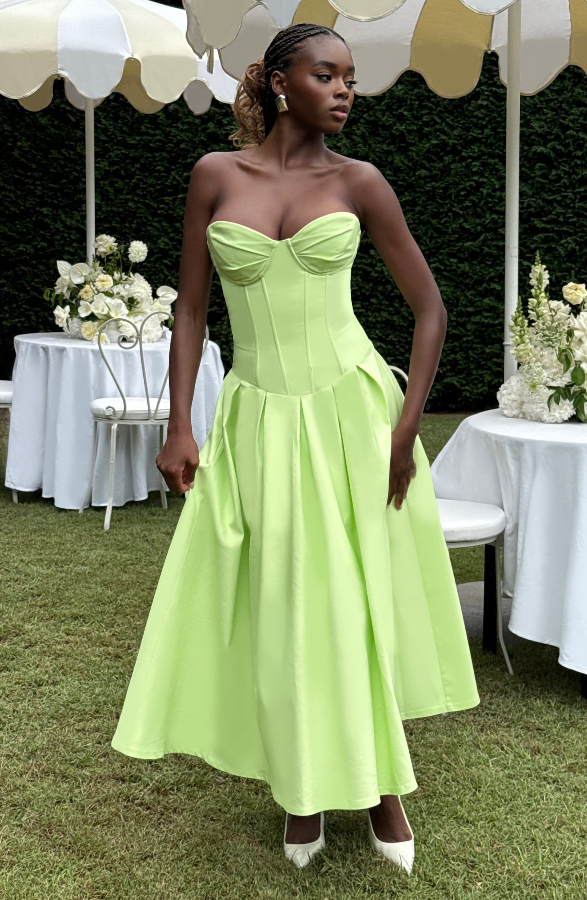 Salma Midi Dress Lime Green Stretch Bengaline Strapless Pleated Underwired