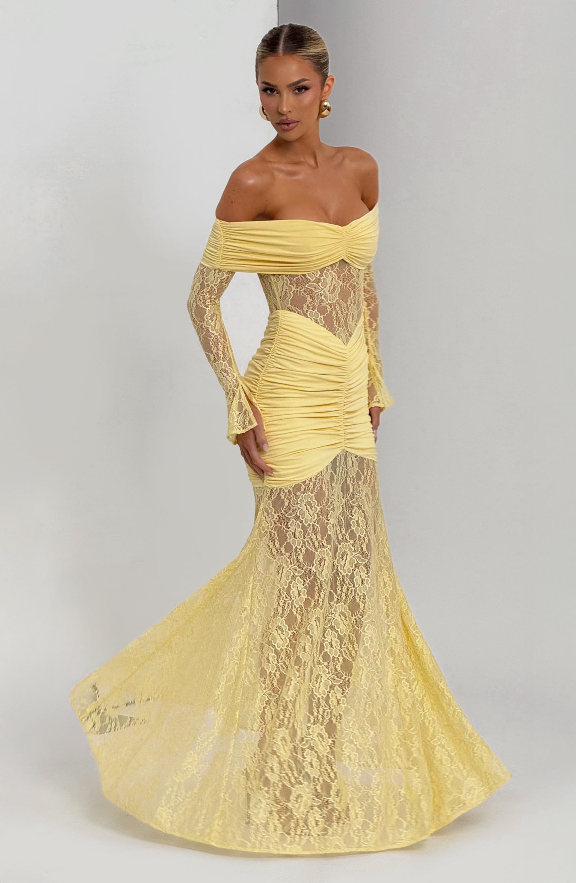 Sauline Maxi Dress in Lemon - Stretch Jersey Floral Lace Long Sleeve