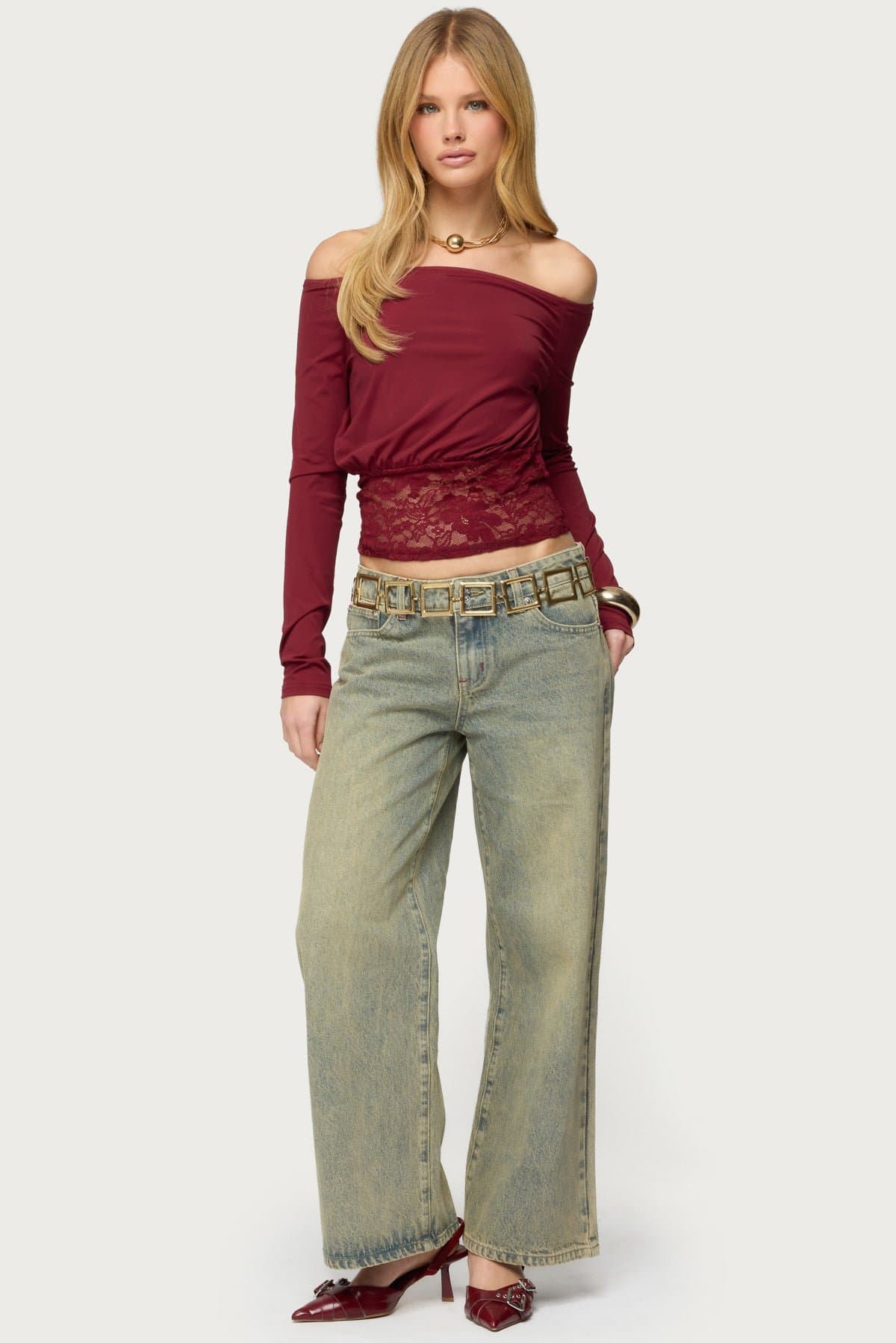 Dorona Lacey Off Shoulder Long Sleeve Top with Cinched Waist