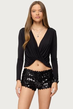 Draped V-Neck Long Sleeve Top in Polyester Spandex