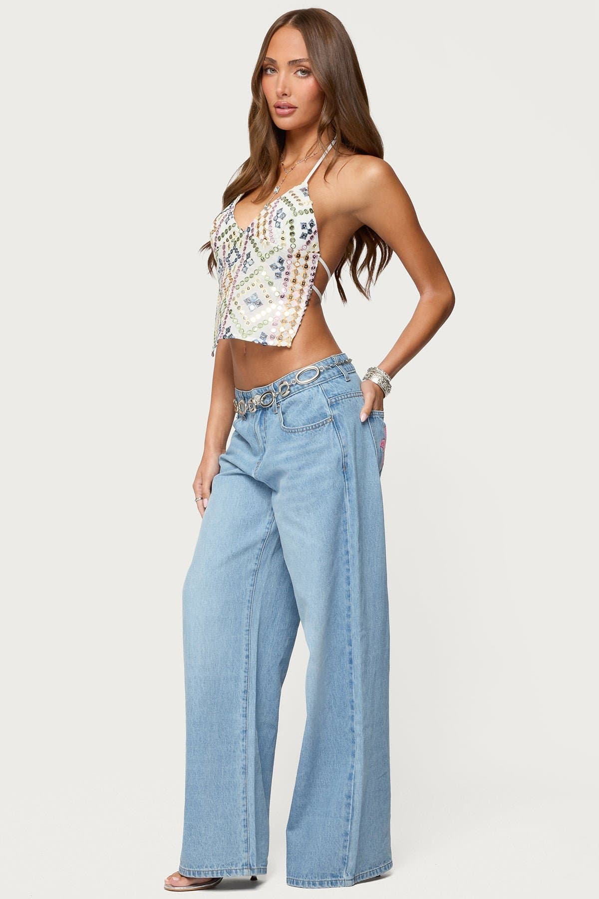Embroidered Sequin Backless Halter Top - V-Neck Open Back Rayon Nylon