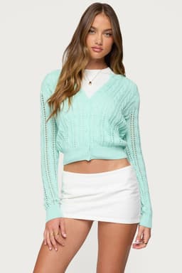 Haisley Cable Knit Cotton Cardigan - Ribbed Hem Cuffs Button Front