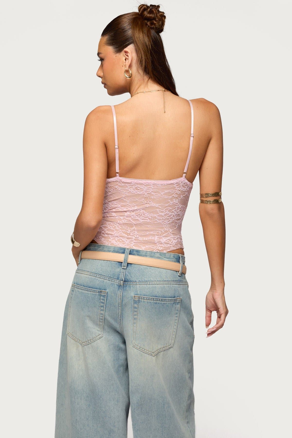 Nolyn Sheer Lace V Neck Bodysuit with Adjustable Straps Polyester Spandex