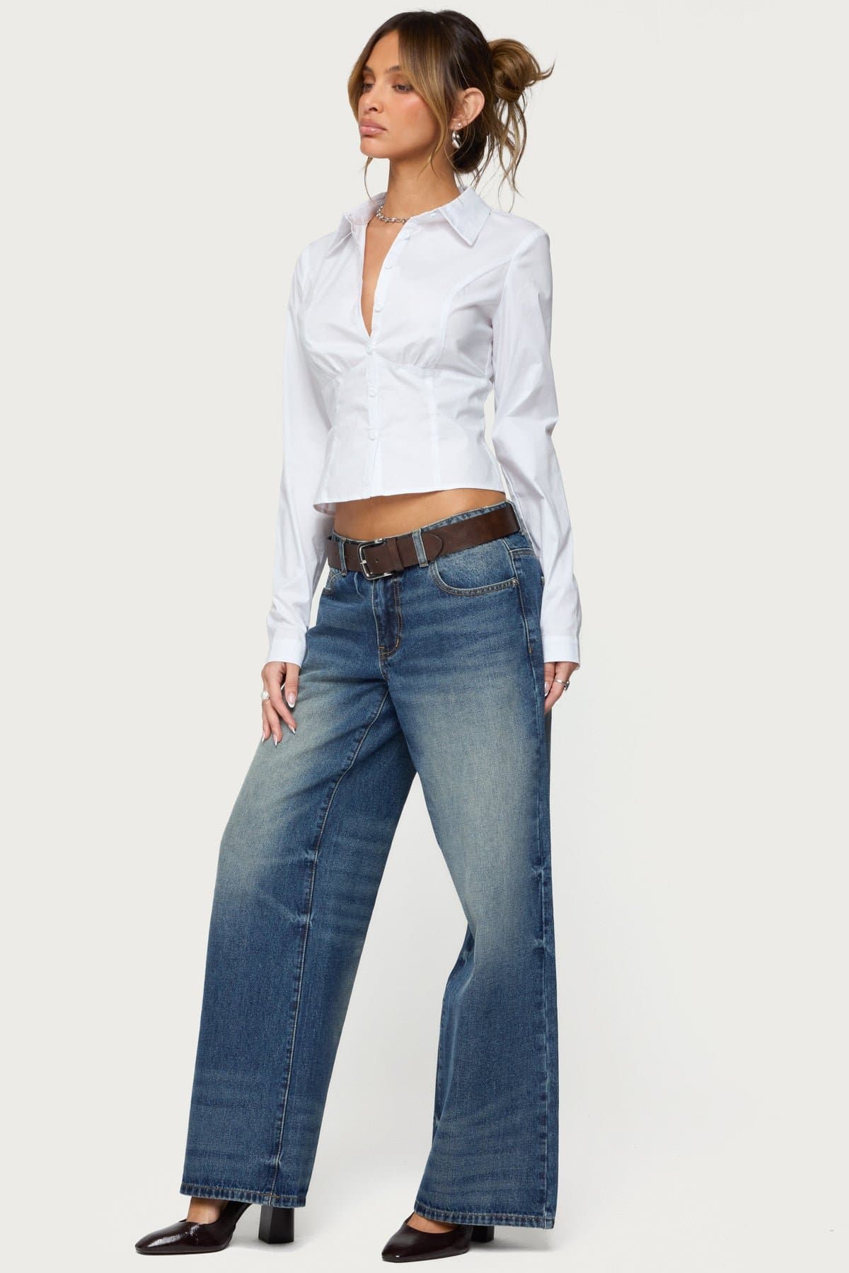 Laurna Tailored Button Up Shirt Long Sleeve Cotton Spandex Classic Collar Underbust Ruching