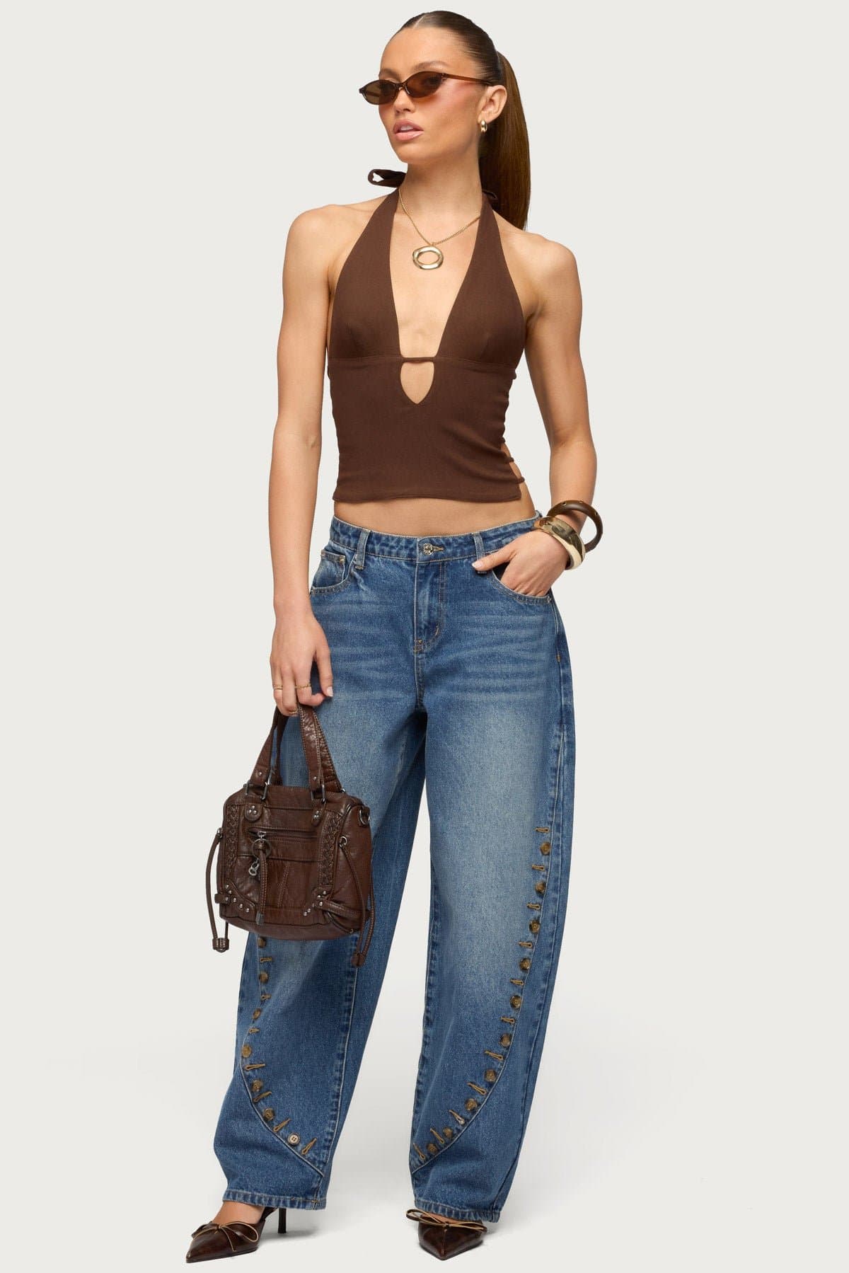 Button Stitch Low Rise Barrel Jeans in Rigid 100% Cotton Denim