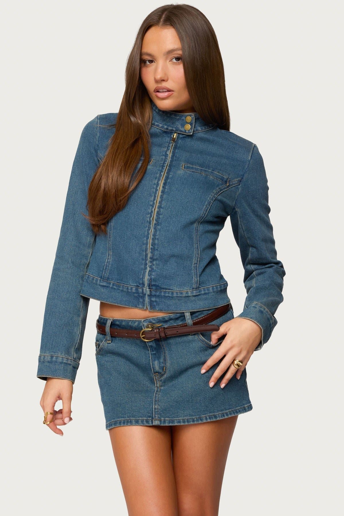 Josiee Stretchy Denim Moto Jacket - High Neckline Front Zip Cotton Spandex