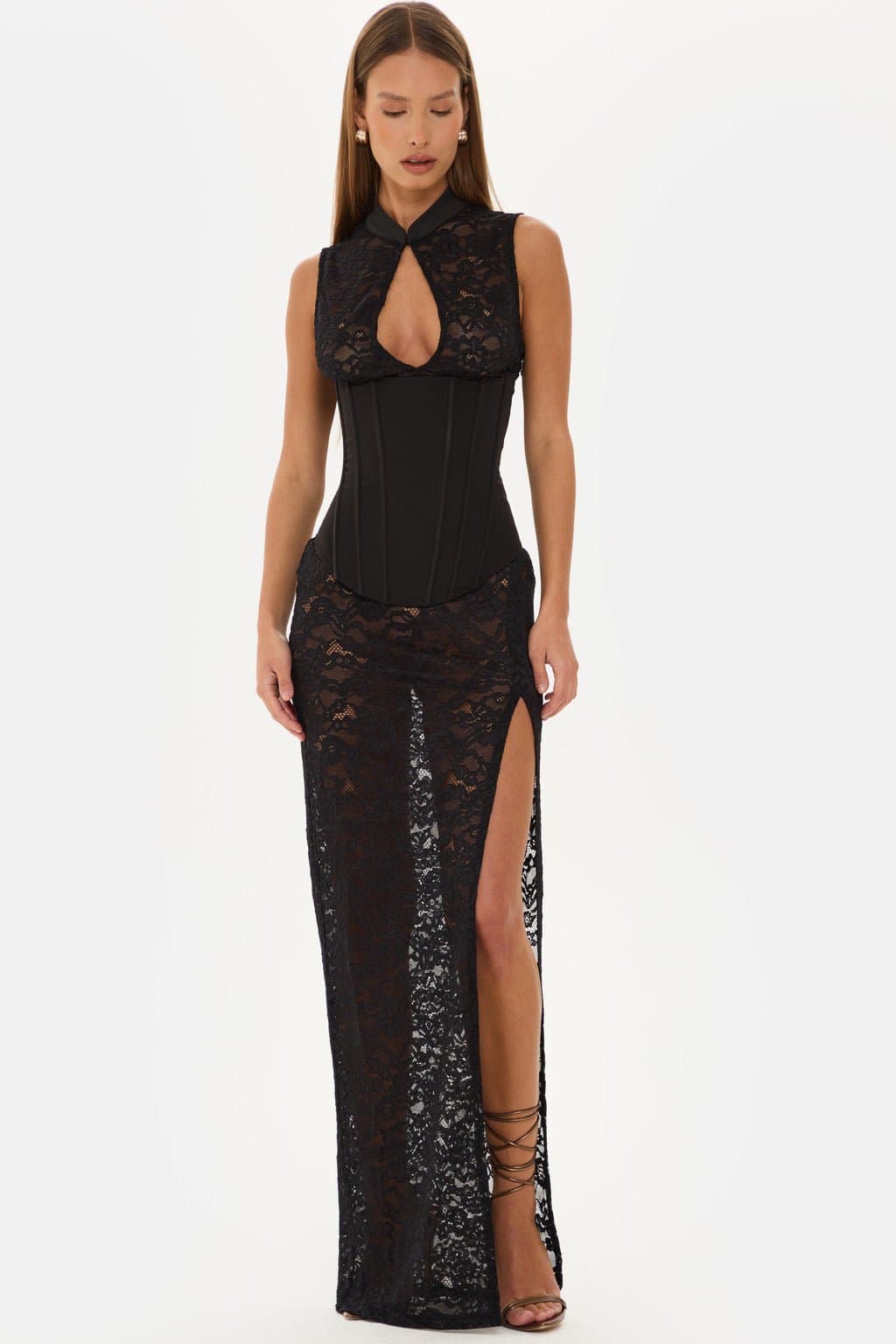 Sedona Sleeveless Lace Maxi Dress High Neck Keyhole Corset Boning High Split