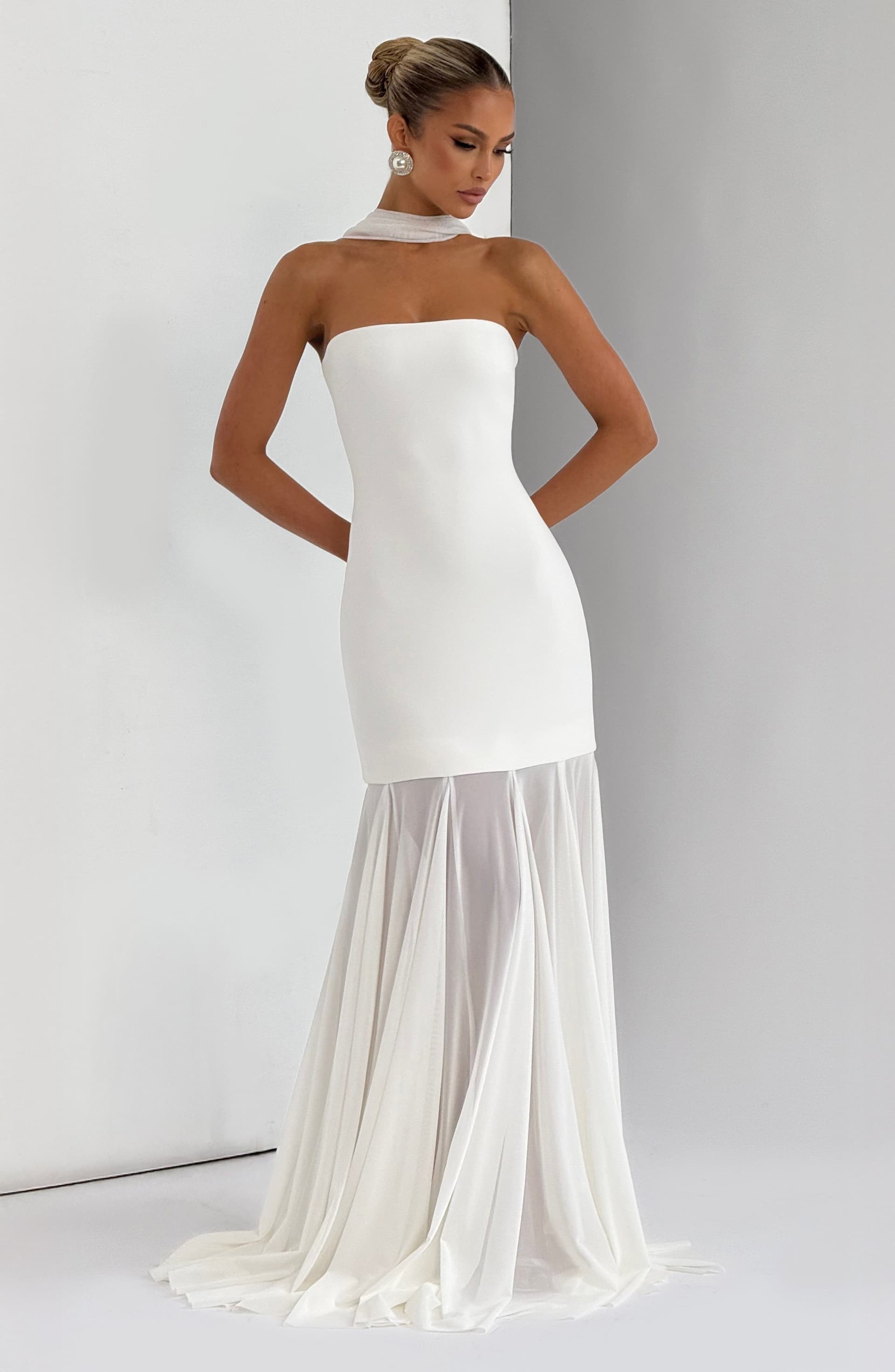 Merritt Strapless Ivory Stretch Crepe Maxi Gown with Mesh Skirt