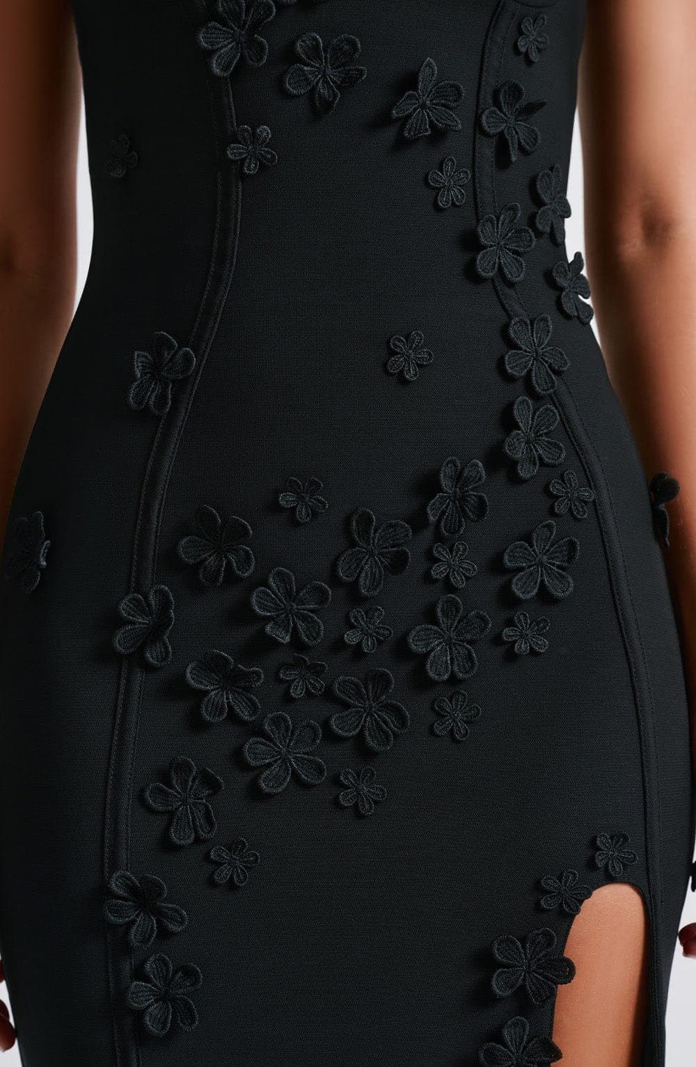 Dalary Maxi Dress - Ivory Sheer Mesh with Flower Appliques and Thigh High Split