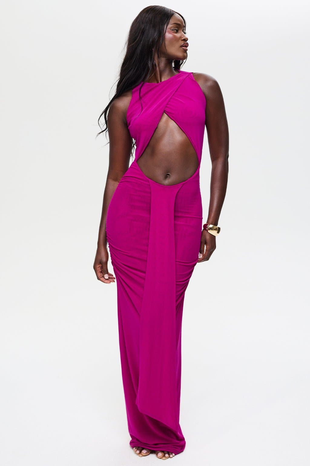 KAIA Maxi Bodycon Dress - Cut Out Front Waist Drape Crossover Bust Black