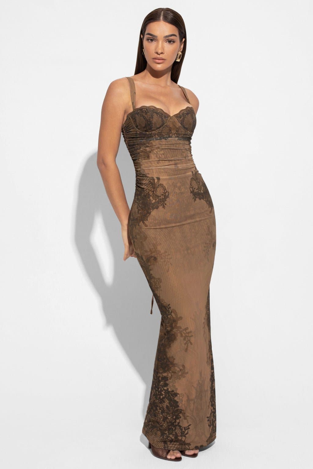 Lucille Maxi Dress Bodycon Fit Lace Print Underwired Cups Black